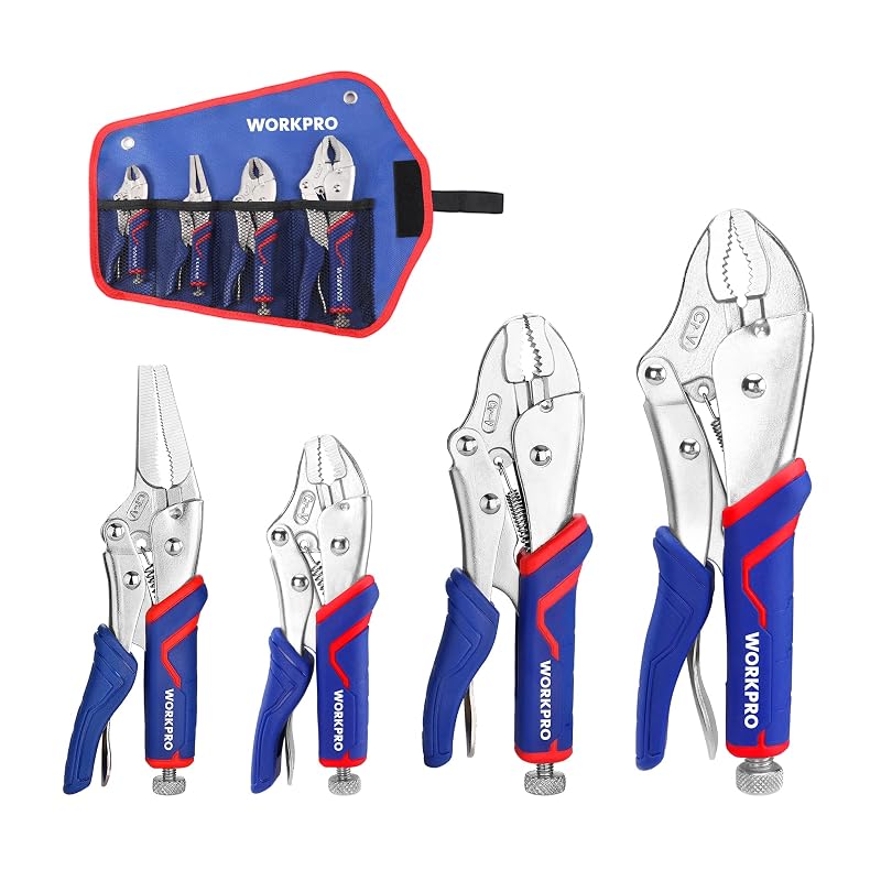 Kit de Alicates de Pressão WORKPRO com Mandíbulas Curvas e Bico Longo, Cabos Ergonômicos e Bolsa, 4 peças