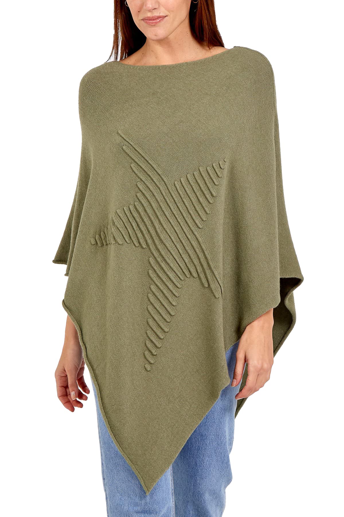 Womens Check Printed Ladies Stretch Knitted Collared Cape Wrap Shawl Jumper Poncho Top (Star Khaki)