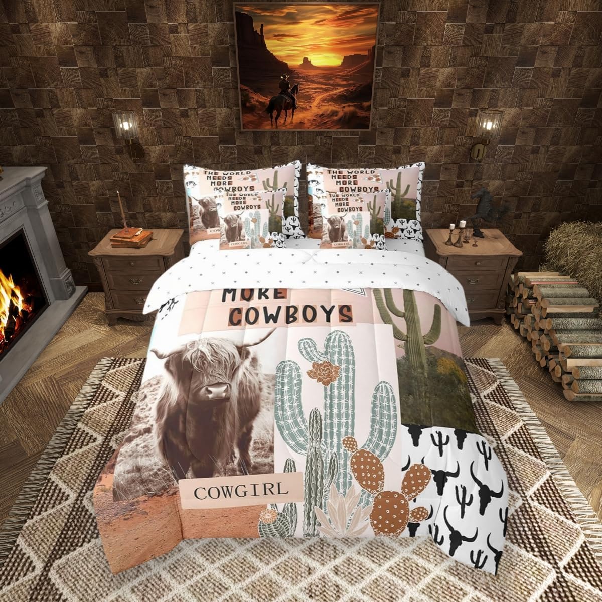 Manfei 7 Pieces Full Size Western Cowboys Kids Comforter Set,Highland Cattle Cactus Bull Skull Bedding Set,Geometric Patchwork Rustic（Comforter+Fitted+Flat Sheet+2 Pillowcases+2 Throw Pillow Covers）