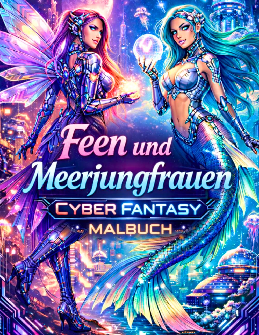 Feen und Meerjungfrauen Cyber Fantasy Malbuch: Zauberhafte Feen und Futuristische Meerjungfrauen Cyber Fantasy Malbuch für Kinder Jungen Mädchen und Junge Erwachsene Entspannende Geschenkidee