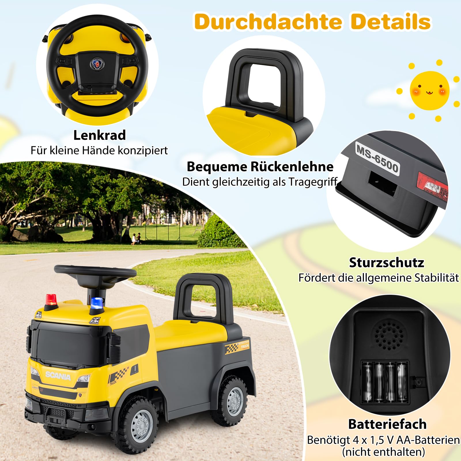 COSTWAY 2 in 1 Rutschauto, Polizeiauto mit Lenkrad, LED-Licht, Hupe & Musik, Rutscher Auto mit Stauraum, Schiebeauto, tragbares Rutschfahrzeug für Kinder ab 1 Jahr (Gelb)