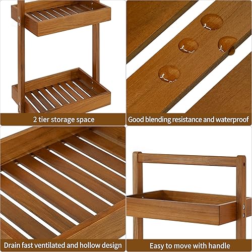 Miniatura 6 de Utoplike Organizador de Ducha de Esquina de Madera de Teca, Organizador de Baño de Encimera de 2 Niveles, Estante de Ducha de Pie con Mango, Cesta
