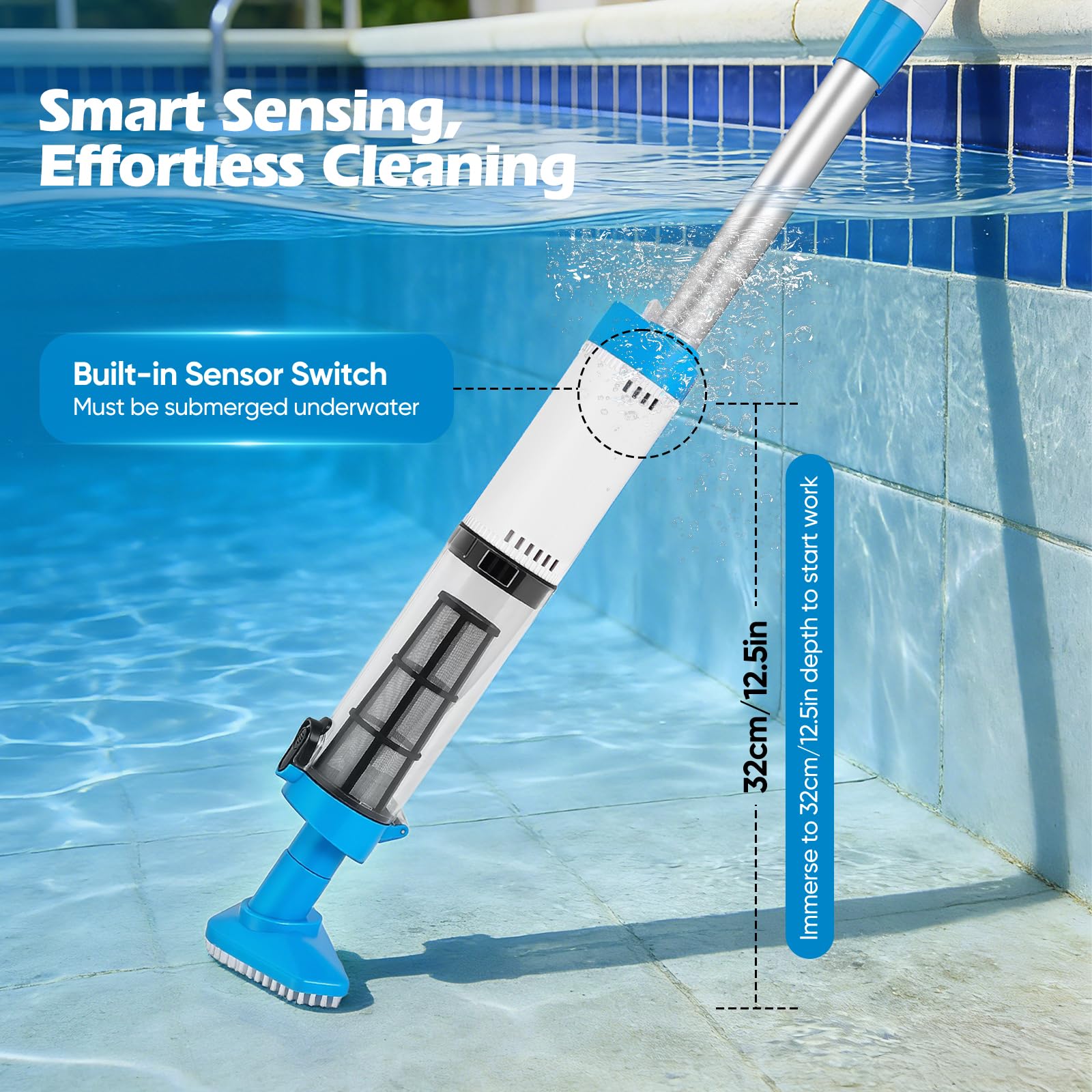 Aspirateur Piscine sans Fil Puissant débit 20L/Min Démarrage Automatique par Capteur Immergé,3 Buses Interchangeables,Poignée Télescopique 103-162cm Idéal Piscine Hors Sol et Enterrée