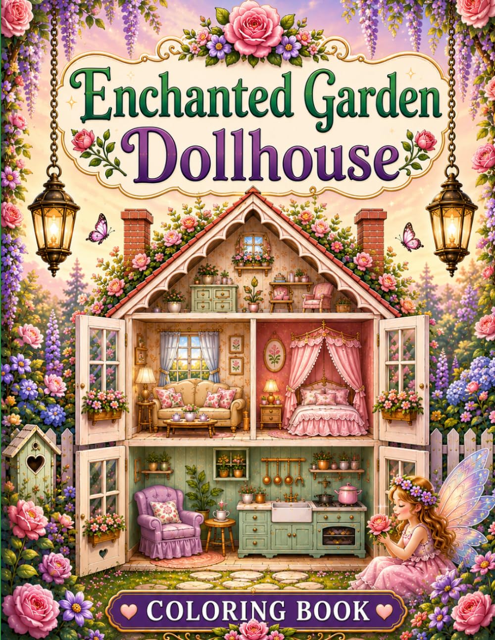 Enchanted Garden Dollhouse Coloring Book for Adults and Teens: Magical Miniature Homes, Fairy Garden Scenes, Cozy Dollhouse Rooms, Relaxing Line Art, Stress Relief Coloring Pages