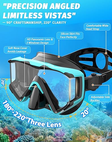 Vista 2 de Greatever Juego de esnórquel Pano de 3 ventanas para adultos, vista panorámica amplia, máscara de buceo antivaho, antifugas, gafas de esnórquel