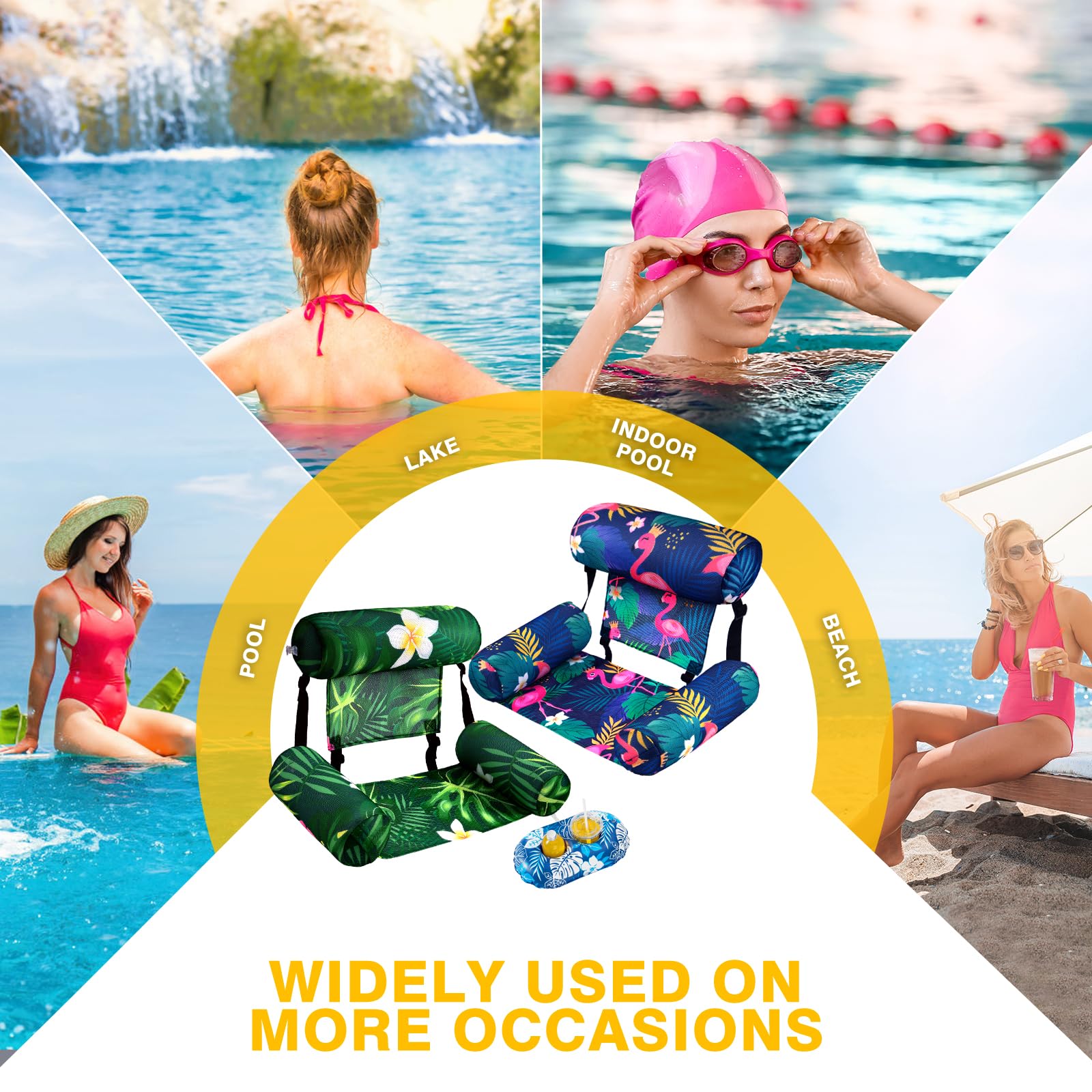 WERNNSAI Lot de 2 flotteurs de piscine gonflables pour adultes - En tissu avec porte-gobelets - Hamac d'eau réglable pour piscine, plage, lac, fête d'été