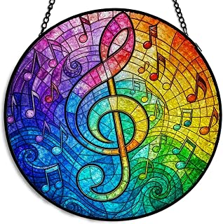 GZV Colorful Music Note Stained Glass Window Hanging Suncatcher 7.9in | Musical Notation Sun Catchers Indoor Window Glass Round Wall Art, Music Room Studio Wall Hanging Decorations