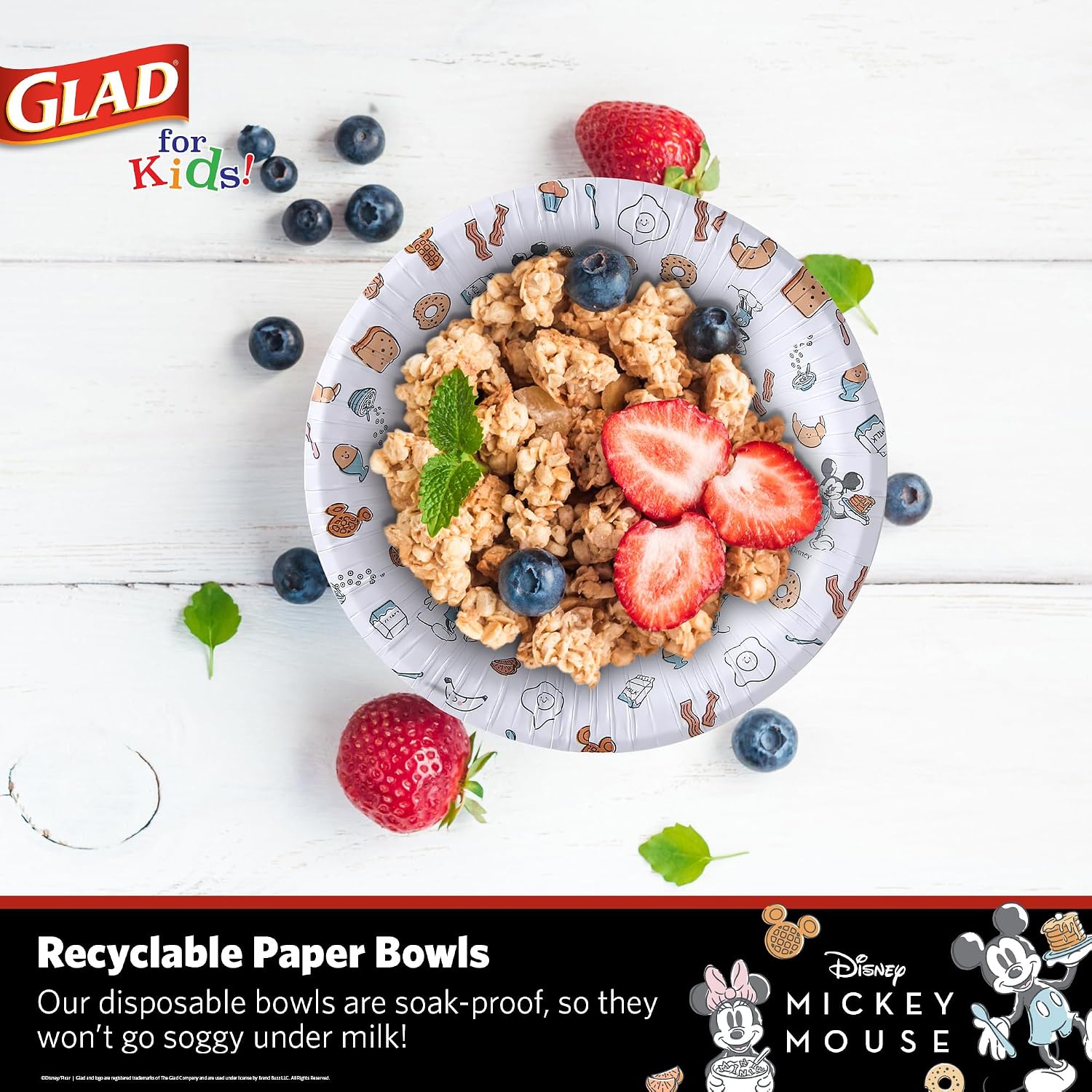 Glad for Kids Disney Mickey and Friends Disposable Paper Bowls, Mixed Minnie Mouse Designs - Kid-Friendly Snack Bowls for Everyday Use and All Parties, 16 oz, 50 Count