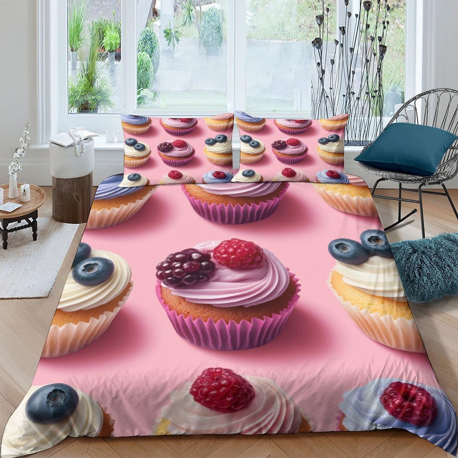 Cupcake ai frutti di bosco Impressione 3D 3 pz cover piumone Dolci prelibatezze da dessert coperteletto microfibra traspirante zip per adolescenti uomini adulti Super king（260x220cm）
