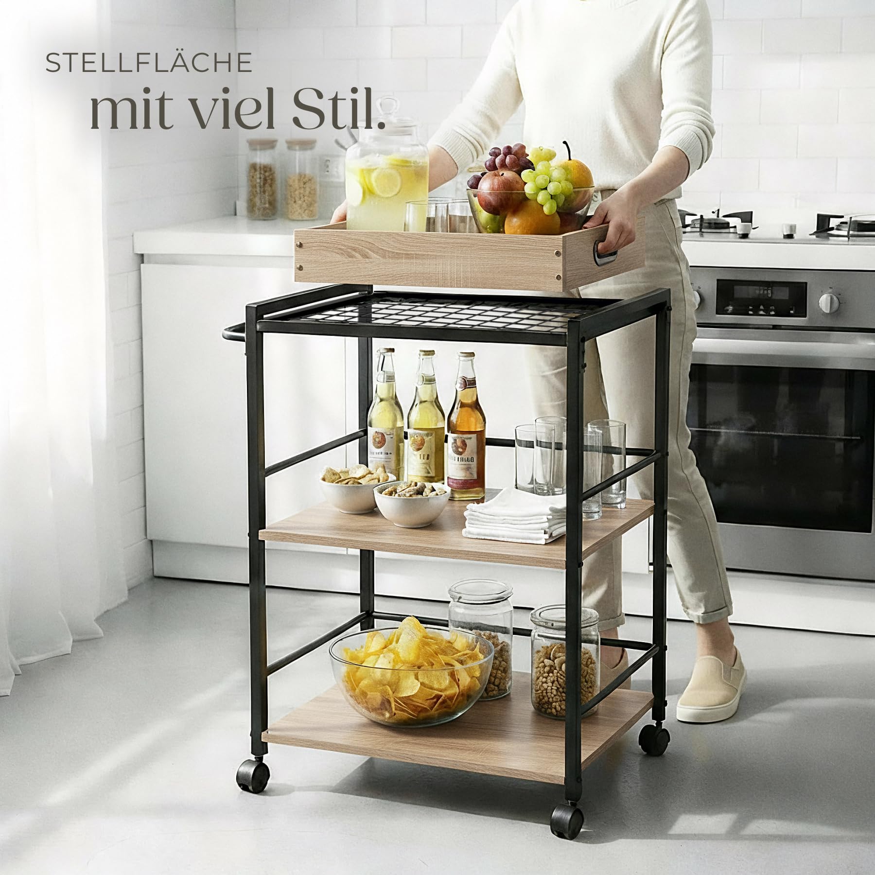 tectake® Servierwagen mit Rollen, abnehmbares Tablett, Kitchen Trolley 65 x 41,5 x 87 cm, Küchenwagen mit Rollen, Rollwagen Küche mit 2 Ablagen, Bastelwagen, Industrial Holz hell, Eiche Sonoma