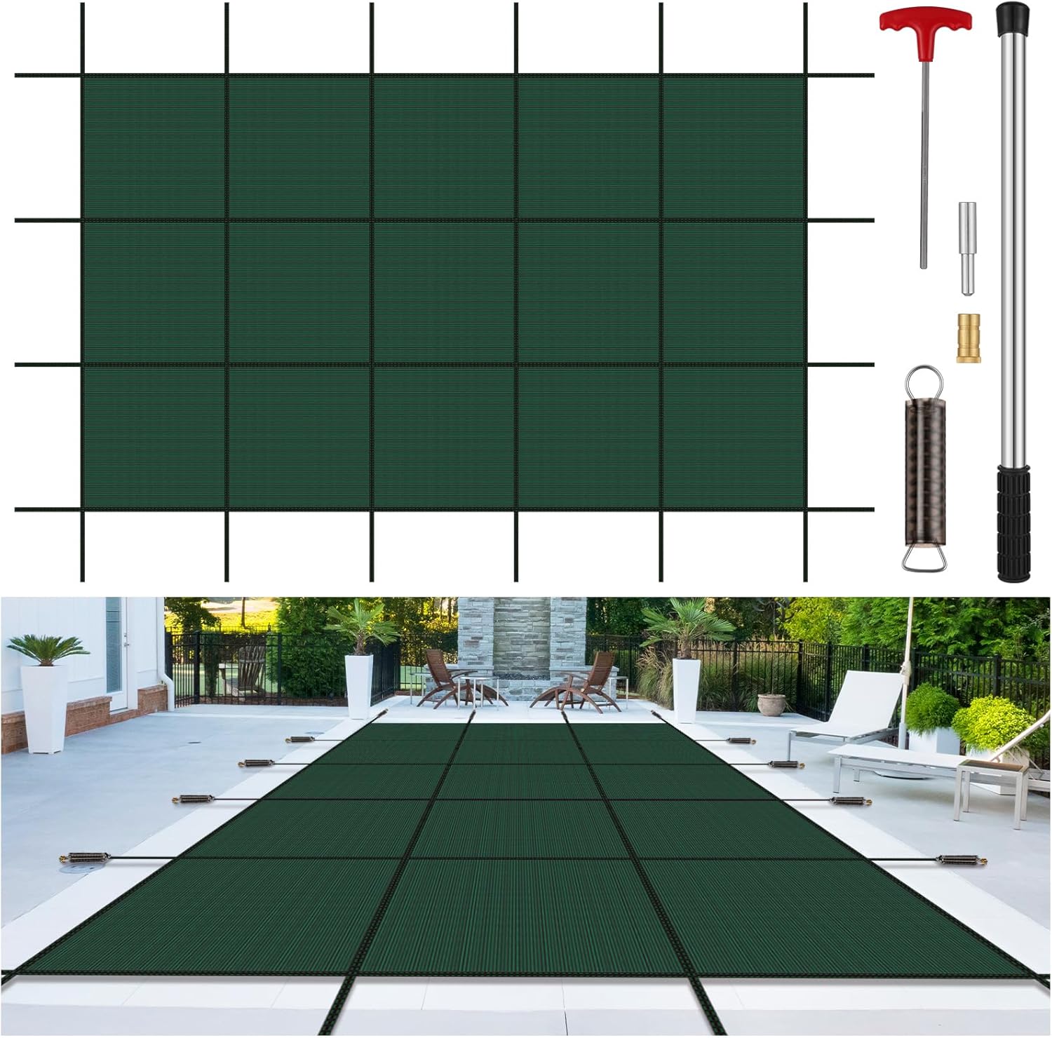 inground pool cover safety fits 14x28ft rectangle swimming pool, mesh solid pool cover for inground pools,winter pool safety cover includes safety net and installation tools green green fits 14x28ft pools