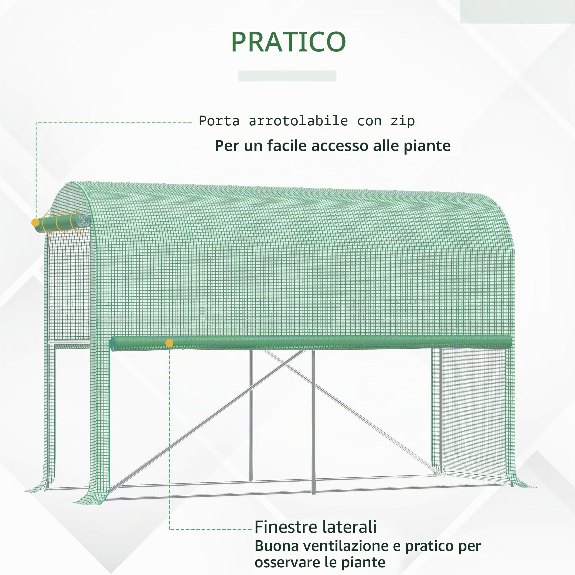 Outsunny Serra da giardino 3m² Serra per pomodori dim. 3 x 1 x 2 H m Porta con cerniera a discesa 2 lati arrotolabili in acciaio PE ad alta densità verde