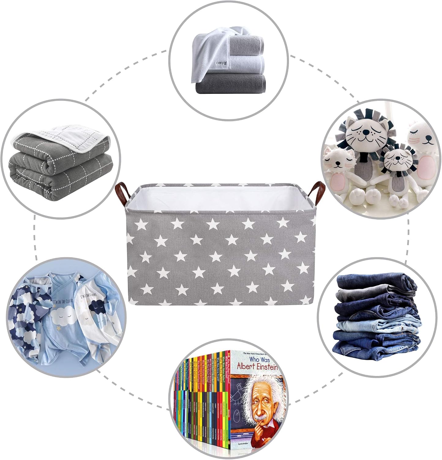 DOKEHOM 22-Inches X-Large Storage Basket with Lid, Drawstring Canvas Underbed Storage, Collapsible Laundry Hamper for Clothes (Grey Star, XL)