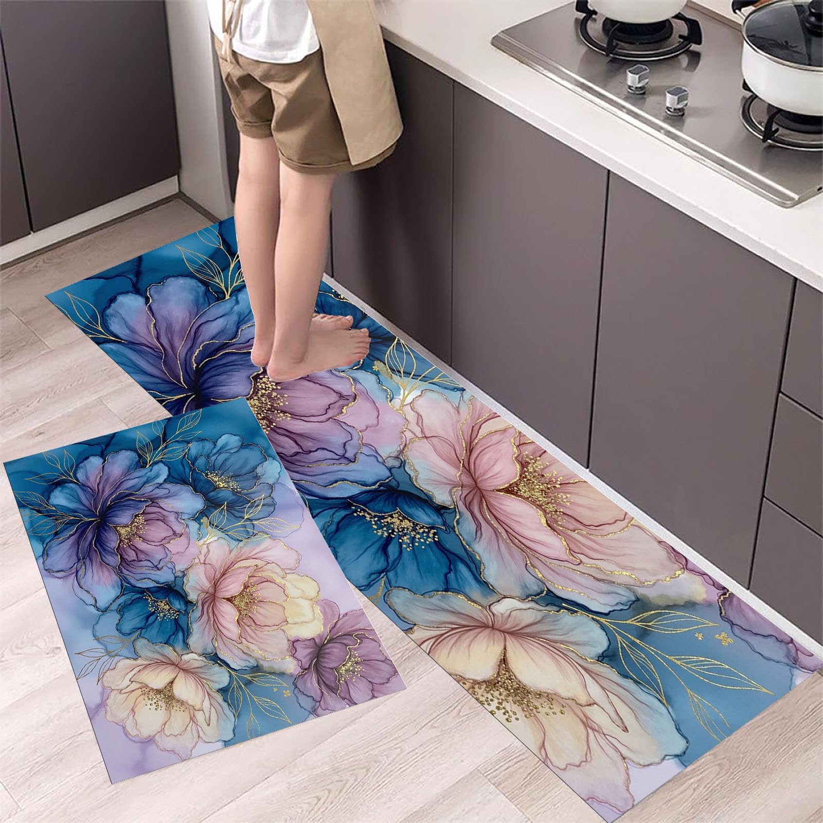 Alfombrillas de cocina antideslizantes y lavables de tacto suave con diseño de flores