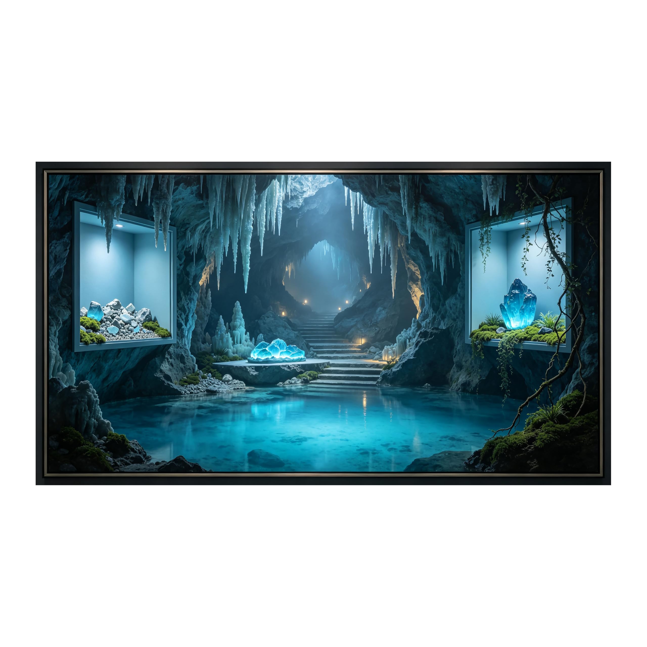 Yzpallescene 3D Framed Wall Art Mystic Crystal Cave Lake Fantasy Stereoscopic Large Size SelfAdhesive Removable Wall Decor Prints Artwork for Living Room Bedroom Office