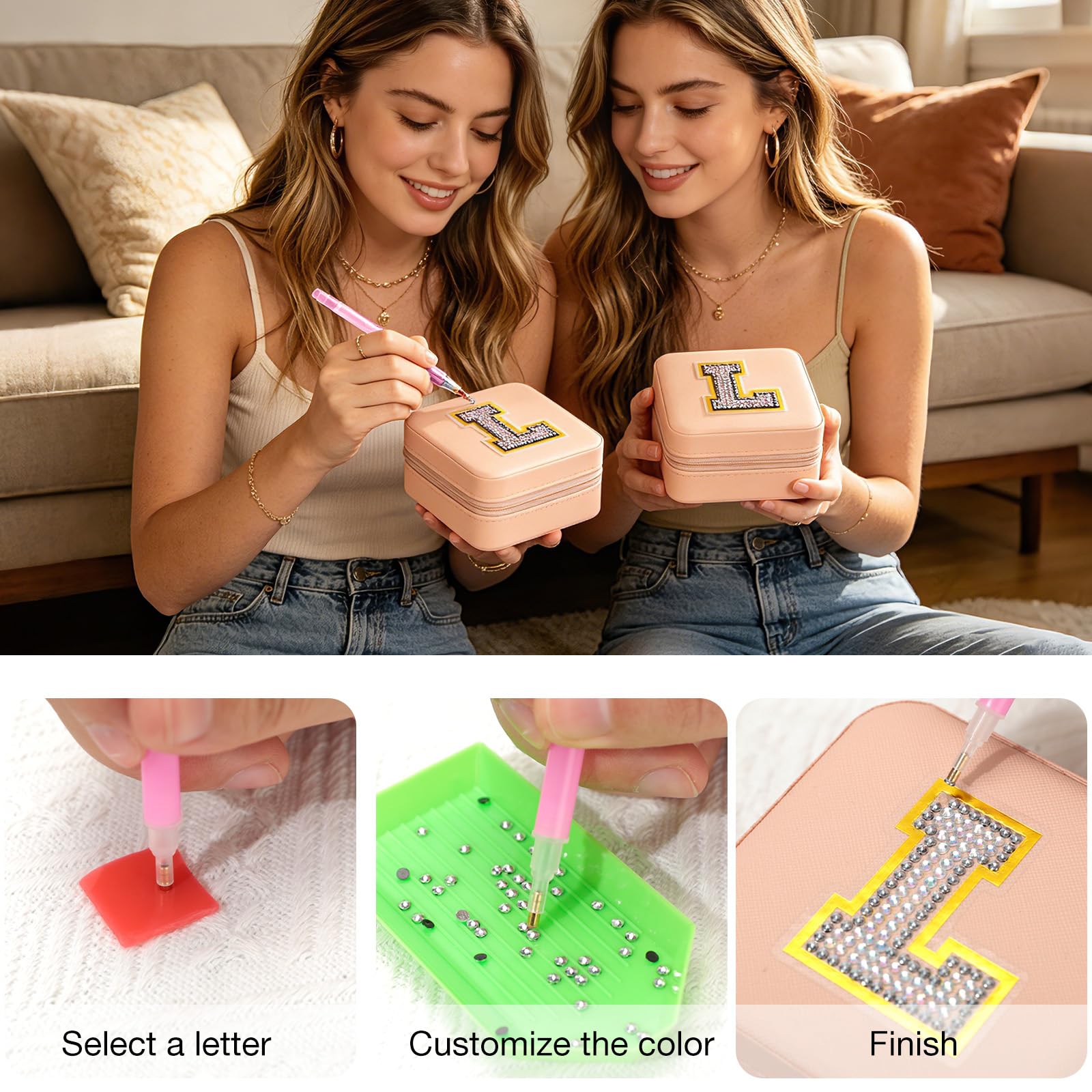 VINATO Portagioielli Personalizzabile con Lettere Diamantate 10x10x5 cm DIY Scatola Porta Gioielli da Viaggio in Pelle PU Rosa