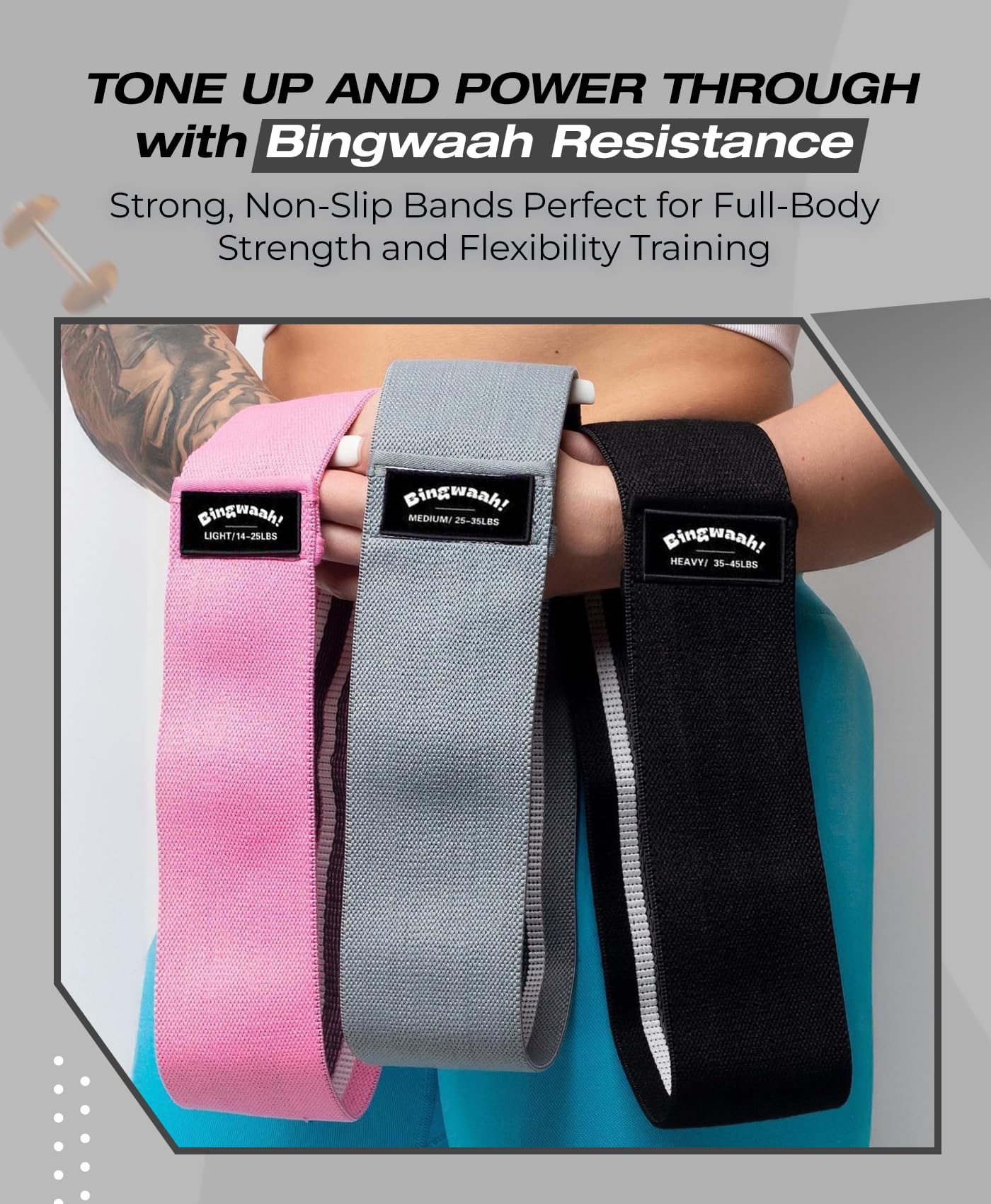 Bingwaah - Fasce di resistenza in tessuto per muscoli di tutto il corpo - Fasce di allenamento regolabili da 6,4 a 20,4 kg, leggere e portatili, con borsa da viaggio - ideali per allenamento di forza,