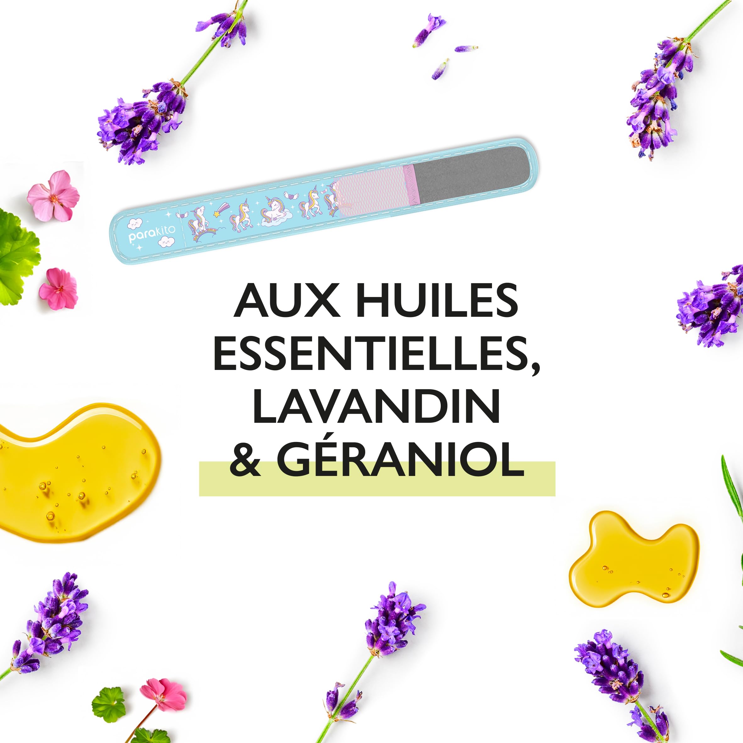 PARAKITO - Bracelet Anti-Moustiques Réutilisable - 2 Plaquettes Incluses aux Huiles Essentielles - 1 Mois de Protection - Sans DEET - Taille Junior 3+ (Licorne)