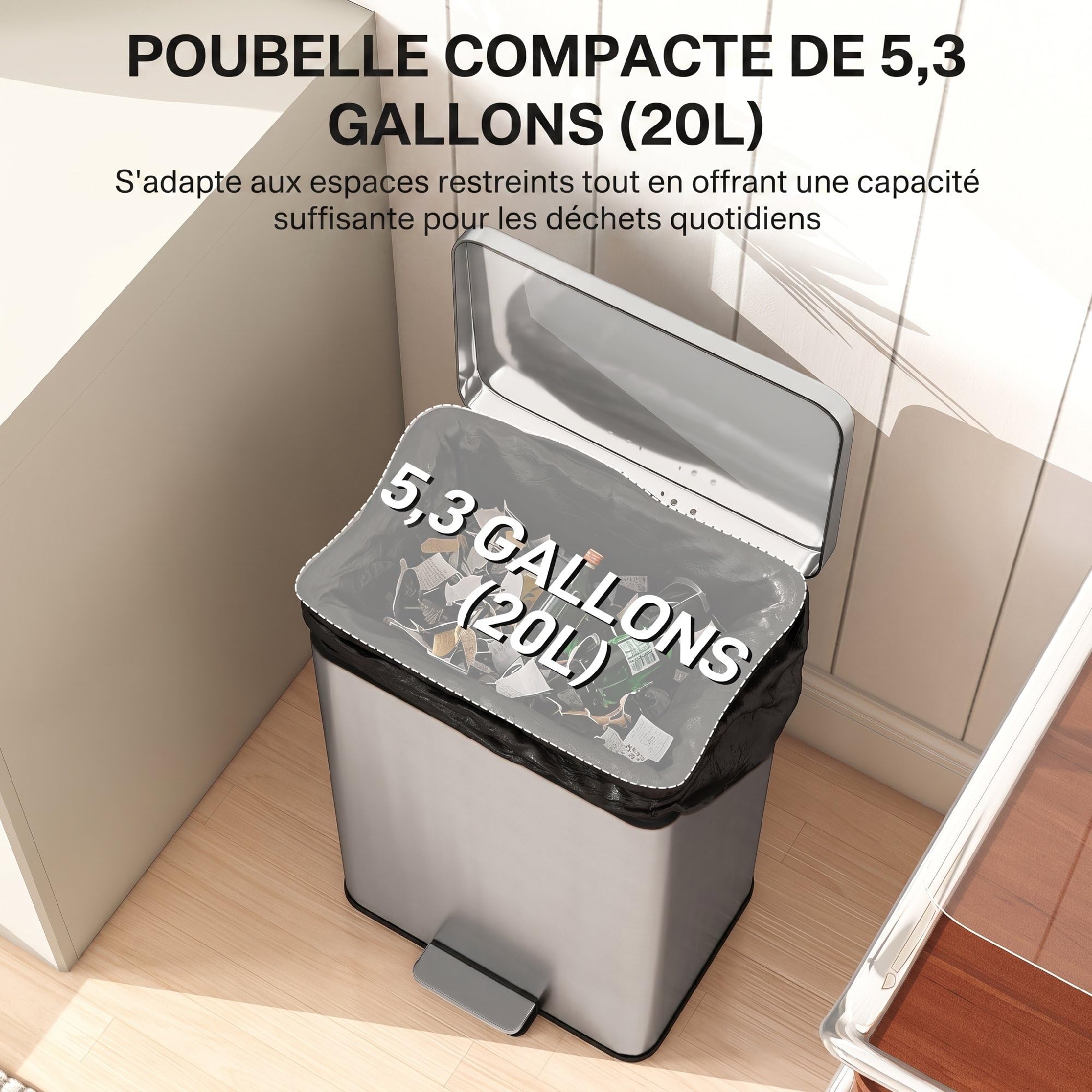HOMCOM Poubelle de Cuisine 20 L, Poubelle avec Pédale, Couvercle à Fermeture Douce en Acier Inoxydable, Seau Intérieur Amovible, Anti-Traces, pour Cuisine, Maison, Bureau, Argenté