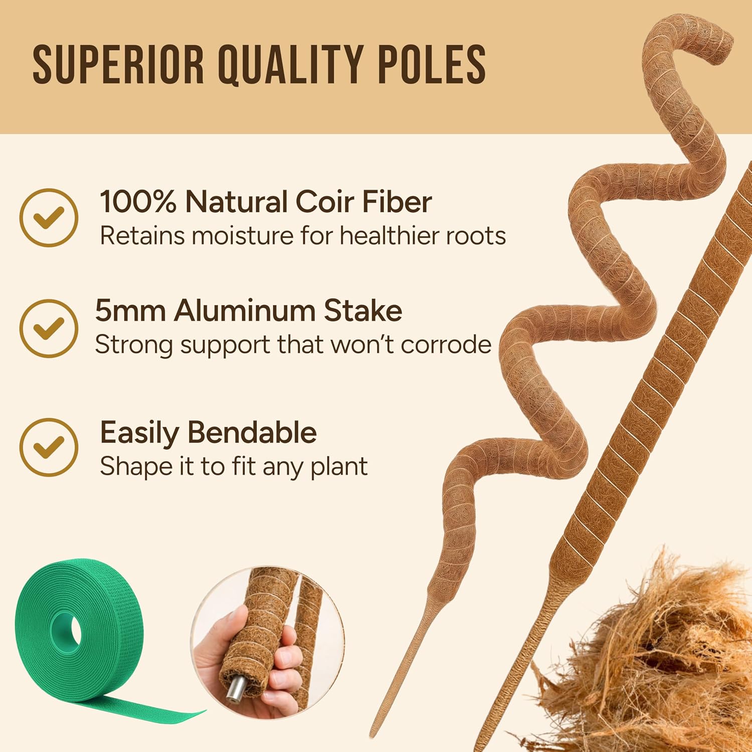 Craft911 Moss Pole Monstera Plant Support – 64” Bendable Moss Pole Monstera Plant Support, Plant Stakes for Indoor Plants, Tall Plant Sticks Support for Climbing Plants