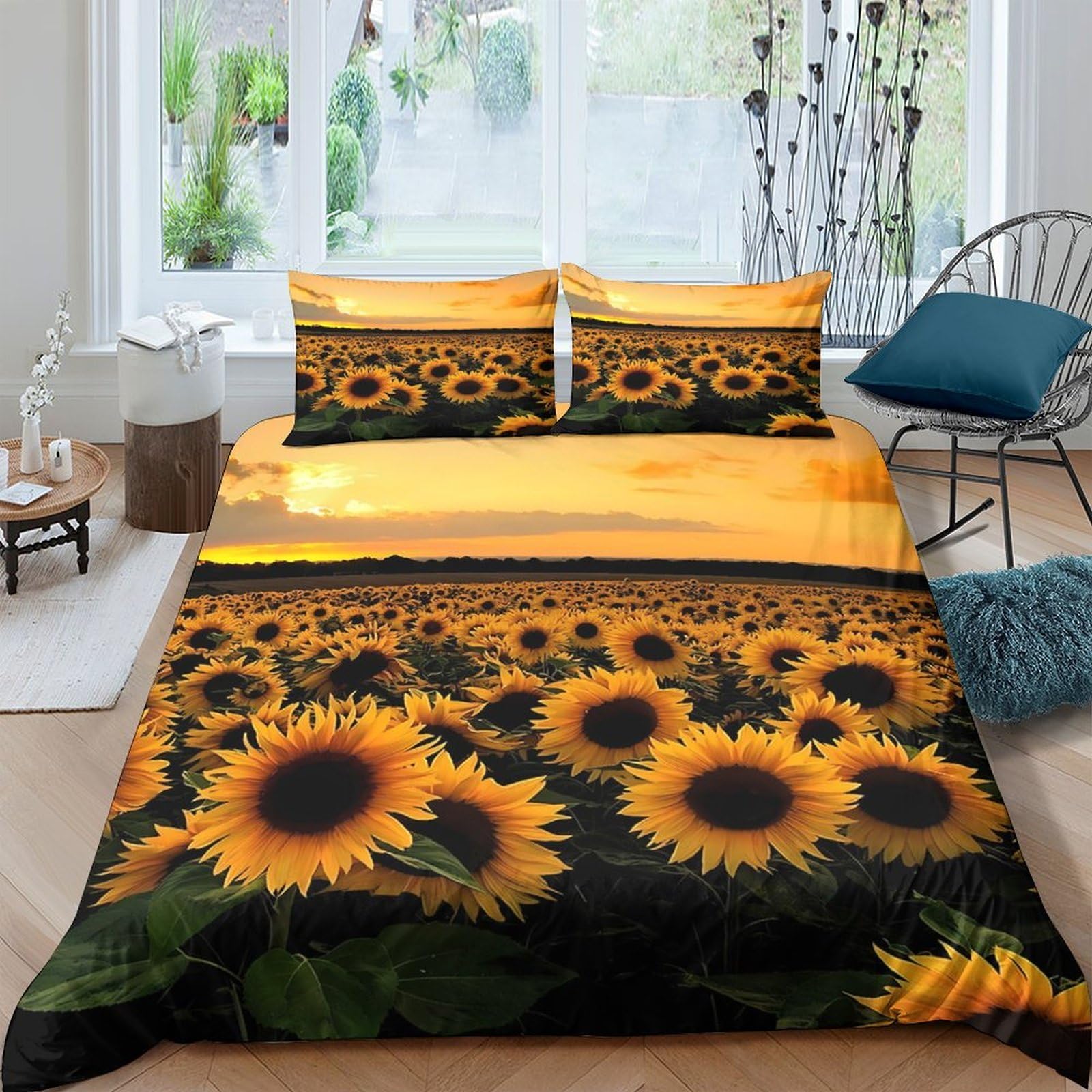 Ctjqhvkz Style-4 3D Printed Sunflower Field Fitted Sheet Microfiber Soft Yellow Floral Bed Sheet Anti-Slip Machine Washable For Bedroom Guest Room Single（135X200cm）