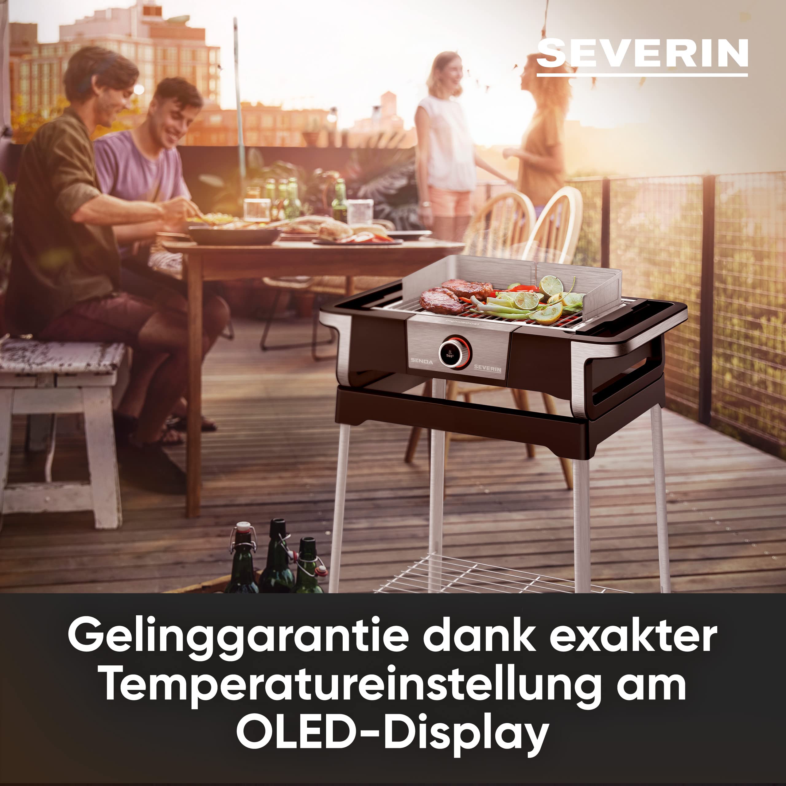 SEVERIN SENOA DigitalBOOST S - Barbecue elettrico con supporto, con avvio rapido fino a 500 °C, per balcone con superficie SafeTouch, in acciaio inox/nero, PG 8118
