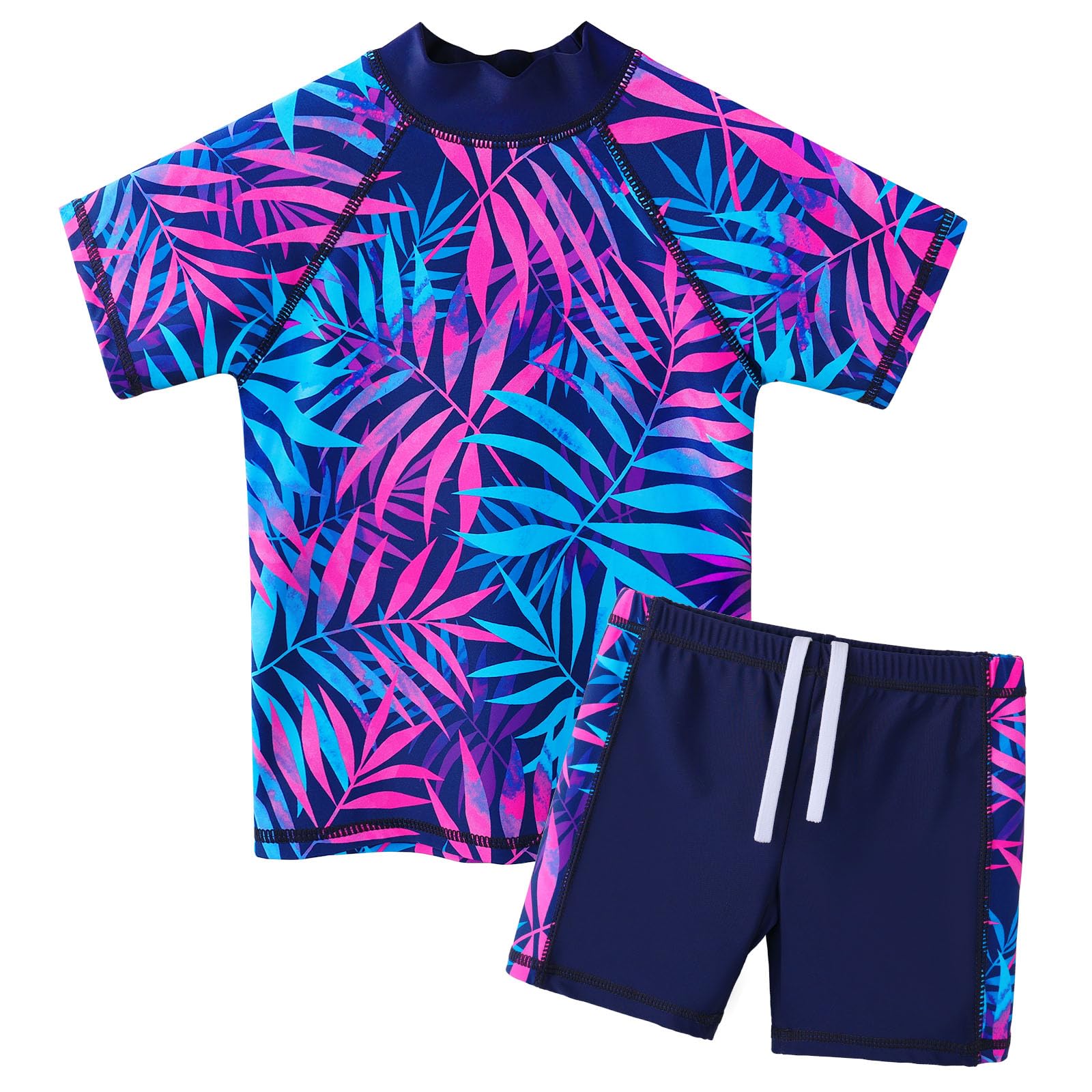 BAOHULU Girls Short Sleeve Swimsuit Two Piece Floral UPF 50+ Rash Guard