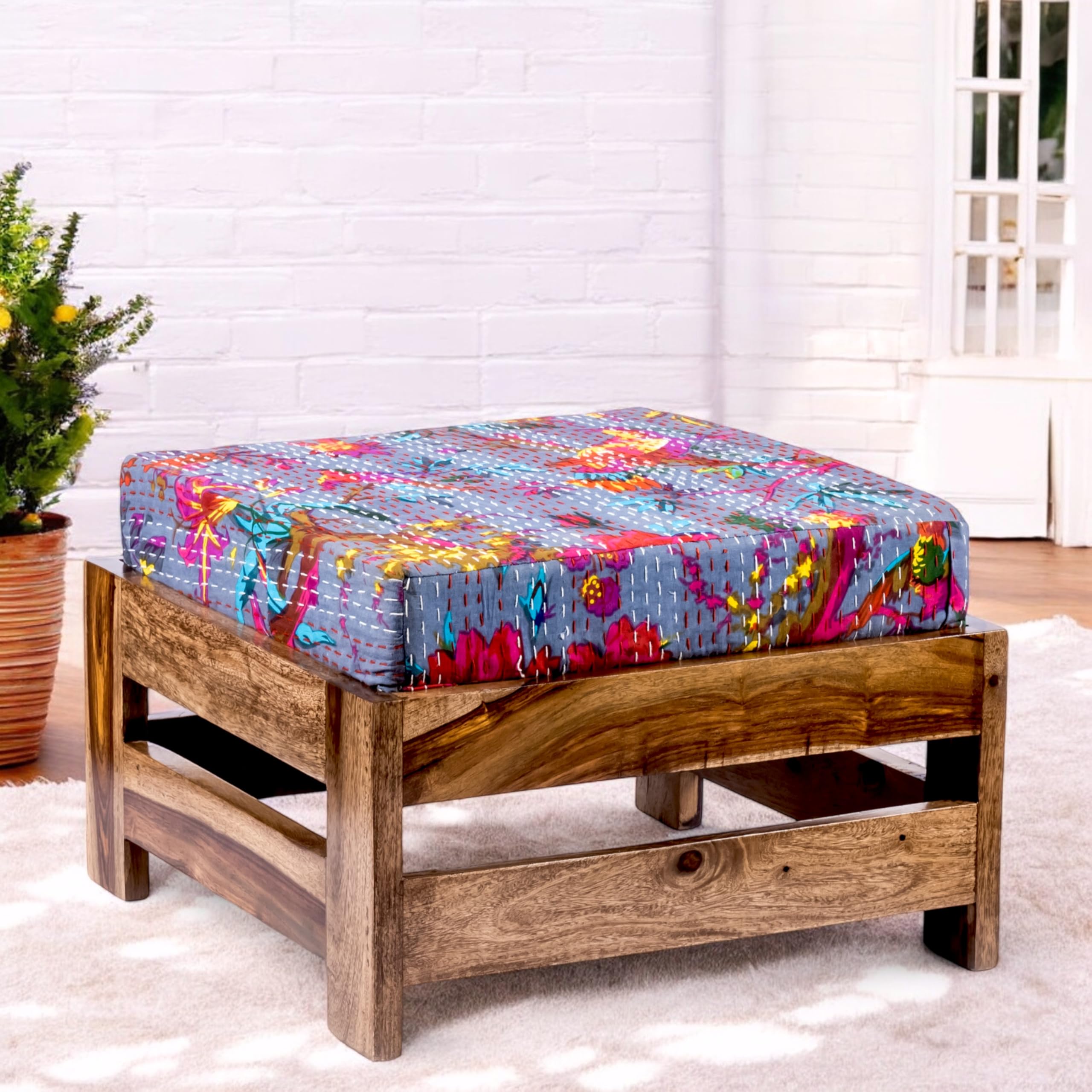 Sponsored Ad - Ikiriya Solid Wood Sitting Stools Cum Foot Stool with Bird Print Grey Kantha Cushion Wooden Ottoman Pouffee for Living Room Home - (Teak Finish)