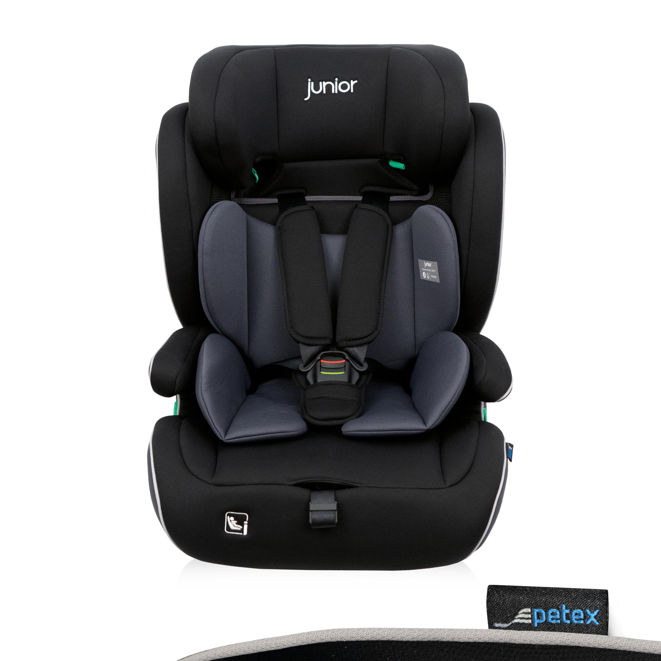 PETEX Fotelik samochodowy dla dzieci z ISOFIX – Supreme Plus i-Size norma ECE R129 dla dzieci w wieku od ok. 76 – 150 cm, fotelik samochodowy z regulacją wysokości w kolorze czarnym, 1 sztuka