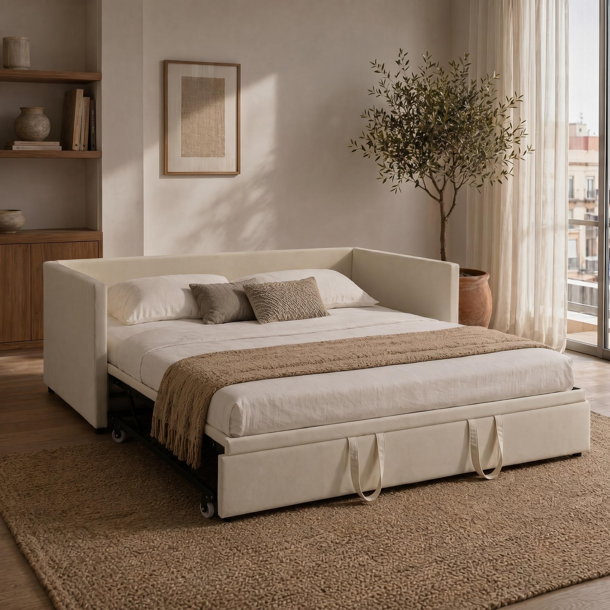 schlafcouch 90/180x200cm,tagesbett ausziehbar,sofa,Einzelbett/Doppelbett | letto singolo con letto estraibile,Samt Polsterbett Tagesbett,Ideal für kleine Räume, Gästebett,ohne Matratze,Beige