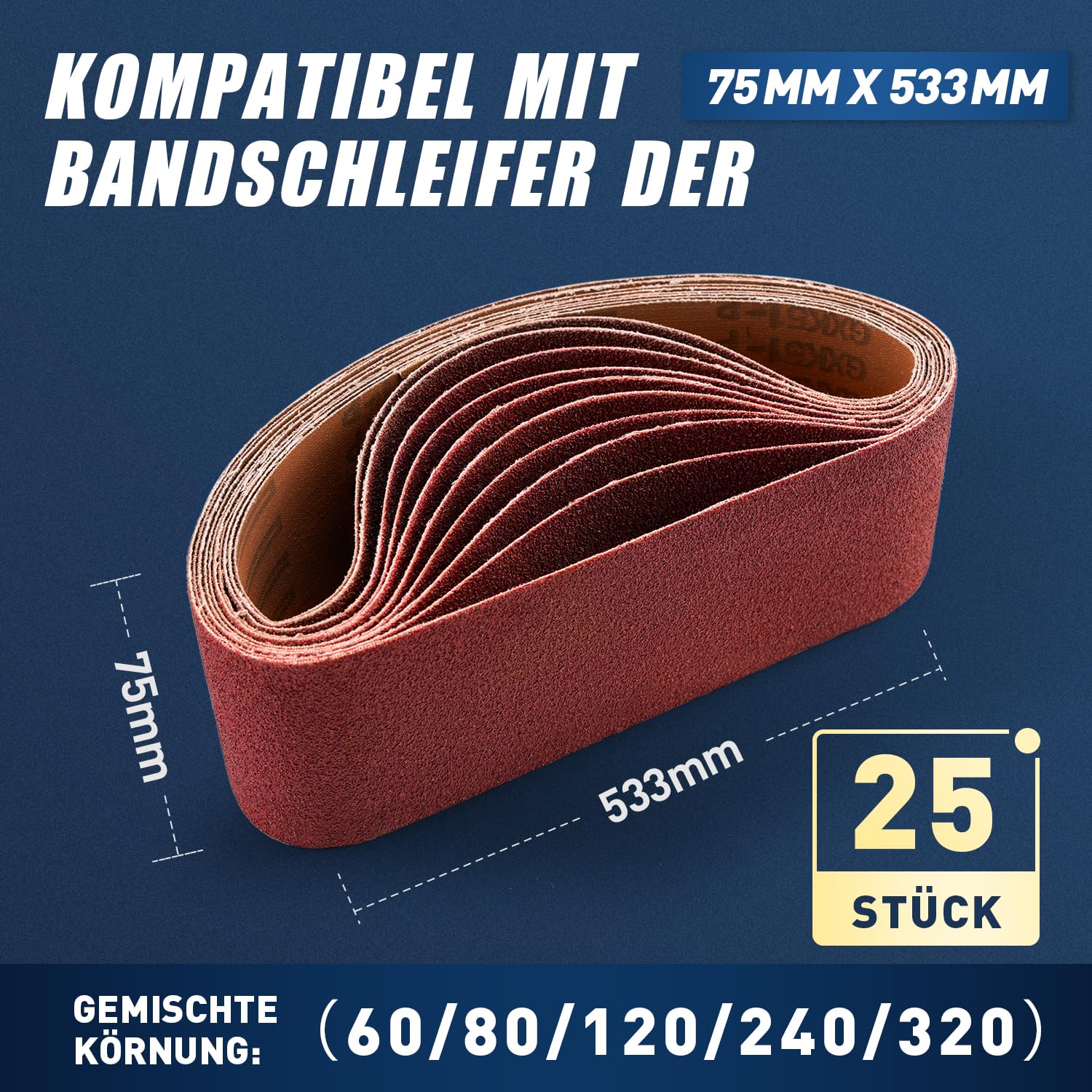 SI FANG Schleifband 75 x 533 mm，25 Stück Bandschleifer Schleifbänder Körnungen (P60x5, P80x5, P120x5, P240x5, P320x5)，für Polieren Metall, Holz