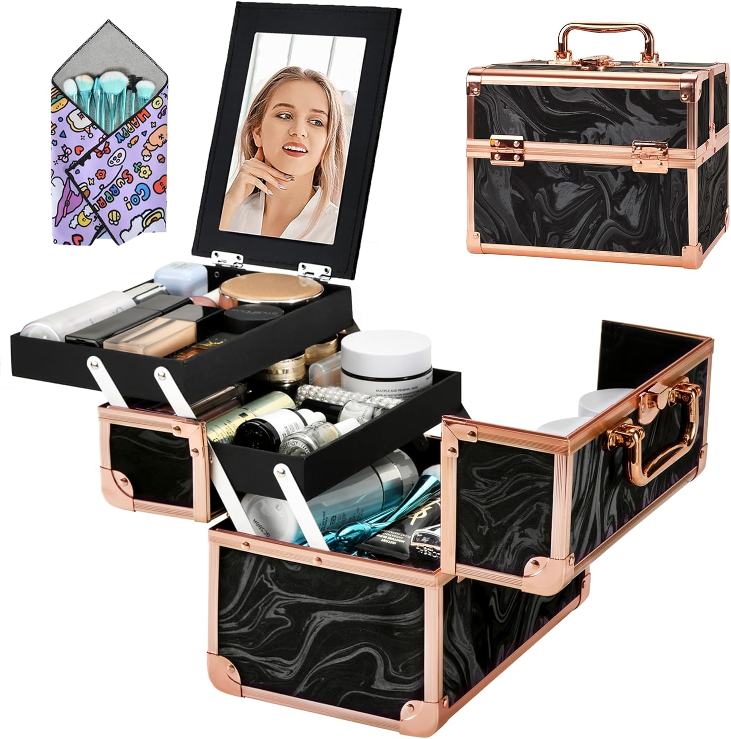Makeup Train Case, Portable Makeup Case with Mirror, 2-Trays Cosmetic Organizer Case,Nail Polish Organizer, Travel Makeup Box, Profesional for Salon Barber, Rose Gold Black