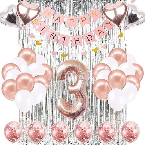 Decoración de tercer cumpleaños de oro rosa - Cartel de feliz cumpleaños y globos del número 3