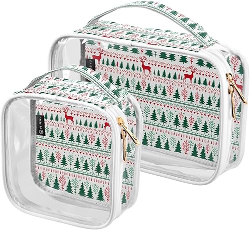 Christmas Deers Pine Trees Clear Toiletry Bag for Traveling,2 Pack Makeup Cosmetic Bag with Zipper,Travel Bag for Toiletries,Travel Essentials