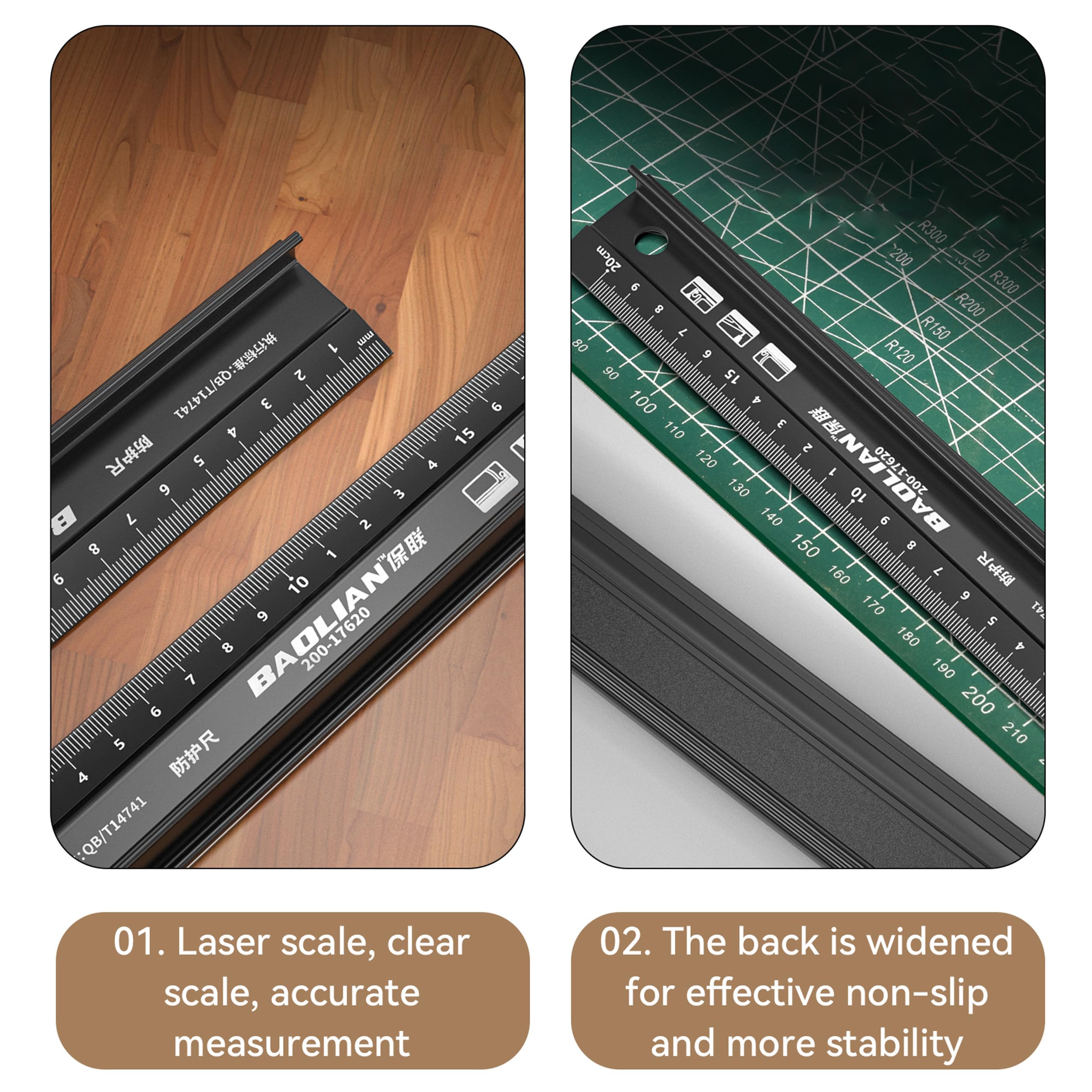 HAFRILY Metal Ruler 30CM Aluminium-Alloy Craft Safety Ruler Multifunctional Protective Metal Ruler for Cutting Straight Edge for High Precision Length Measurement (Black) - Image 4