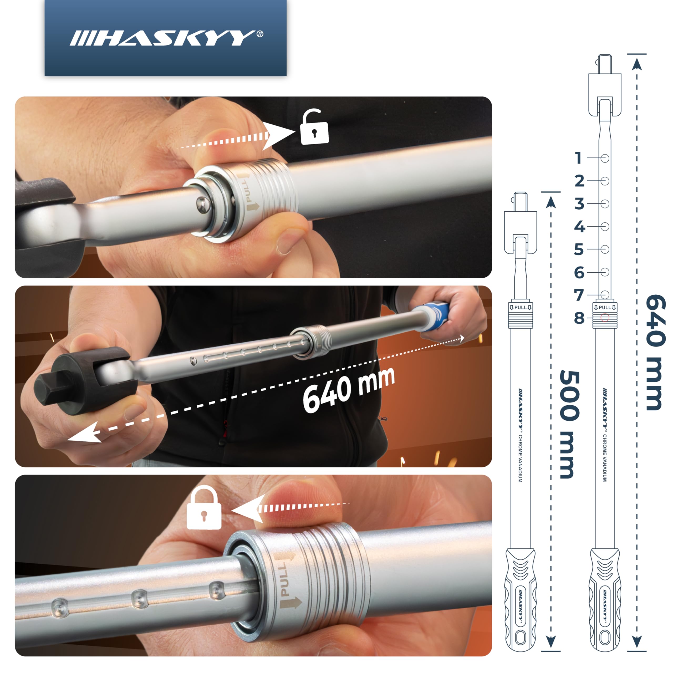 HASKYY Gelenkgriff 1/2 Zoll Ausziehbar Gelenkschlüssel 50-64cm Teleskop Gelenkhebel mit Drehmoment 768NM Schiebegriff mit Gelenk