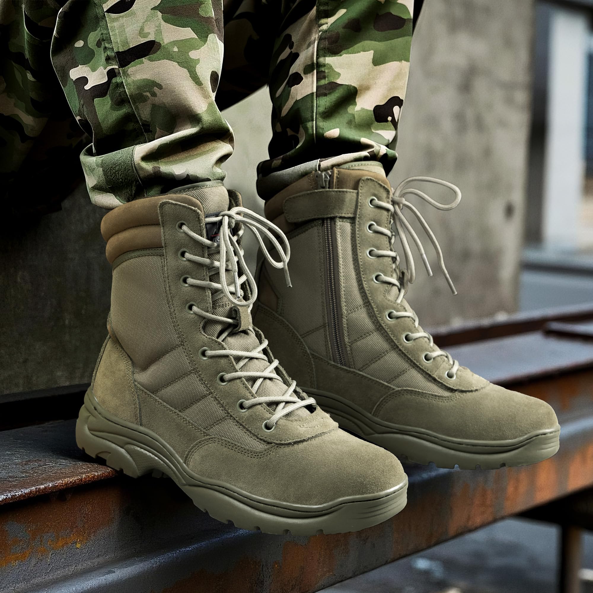 NORTIV 8 Stivali tattici militari da lavoro, da uomo, con cerniera laterale, in pelle, da moto, da combattimento (15-20 cm), Verde militare, 41.5 EU