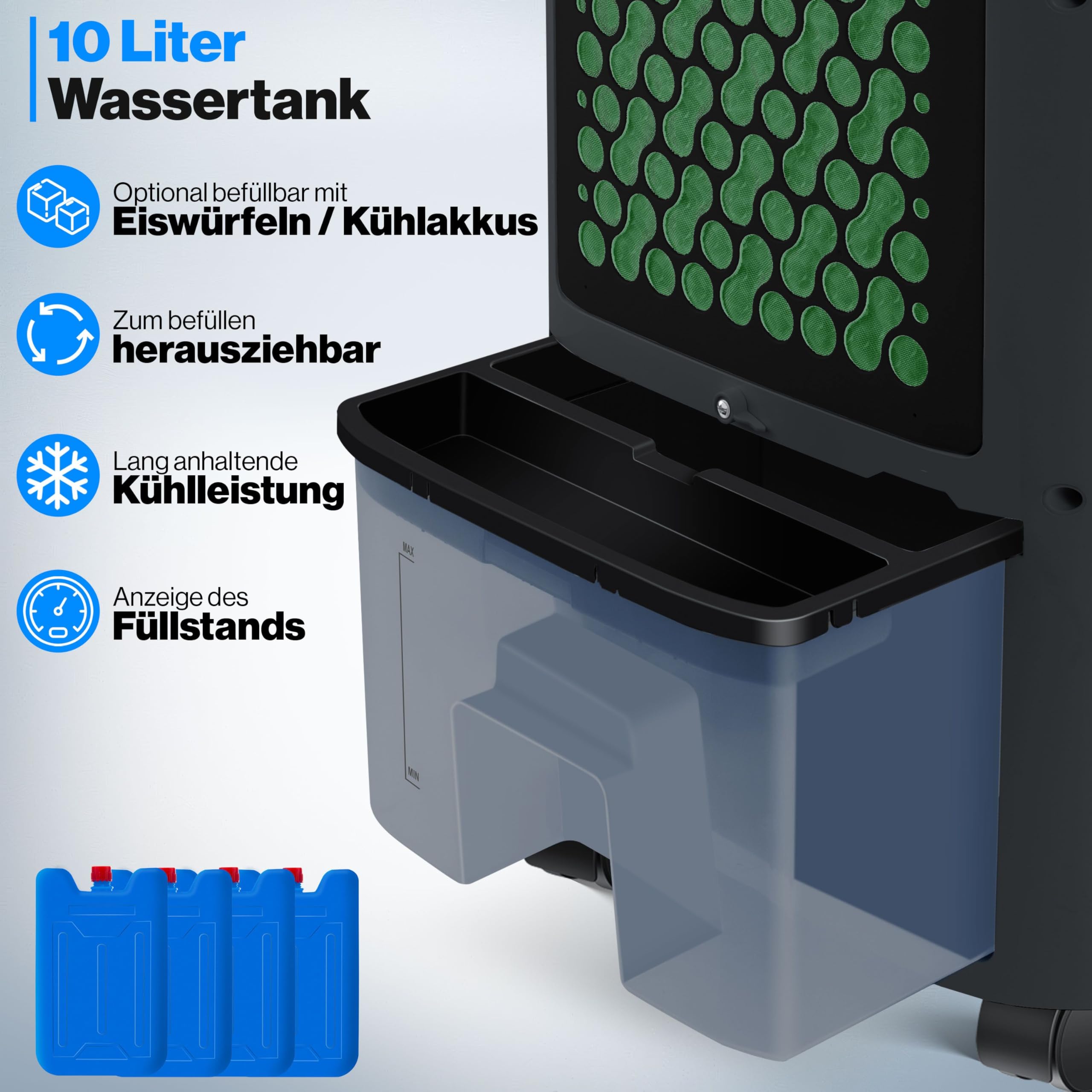 KESSER® Aire acondicionado portátil 4 en 1 – Air Cooler con mando a distancia y temporizador, depósito de agua de 10 litros, ionizador y humidificador, ventilador de aire acondicionado sin manguera de