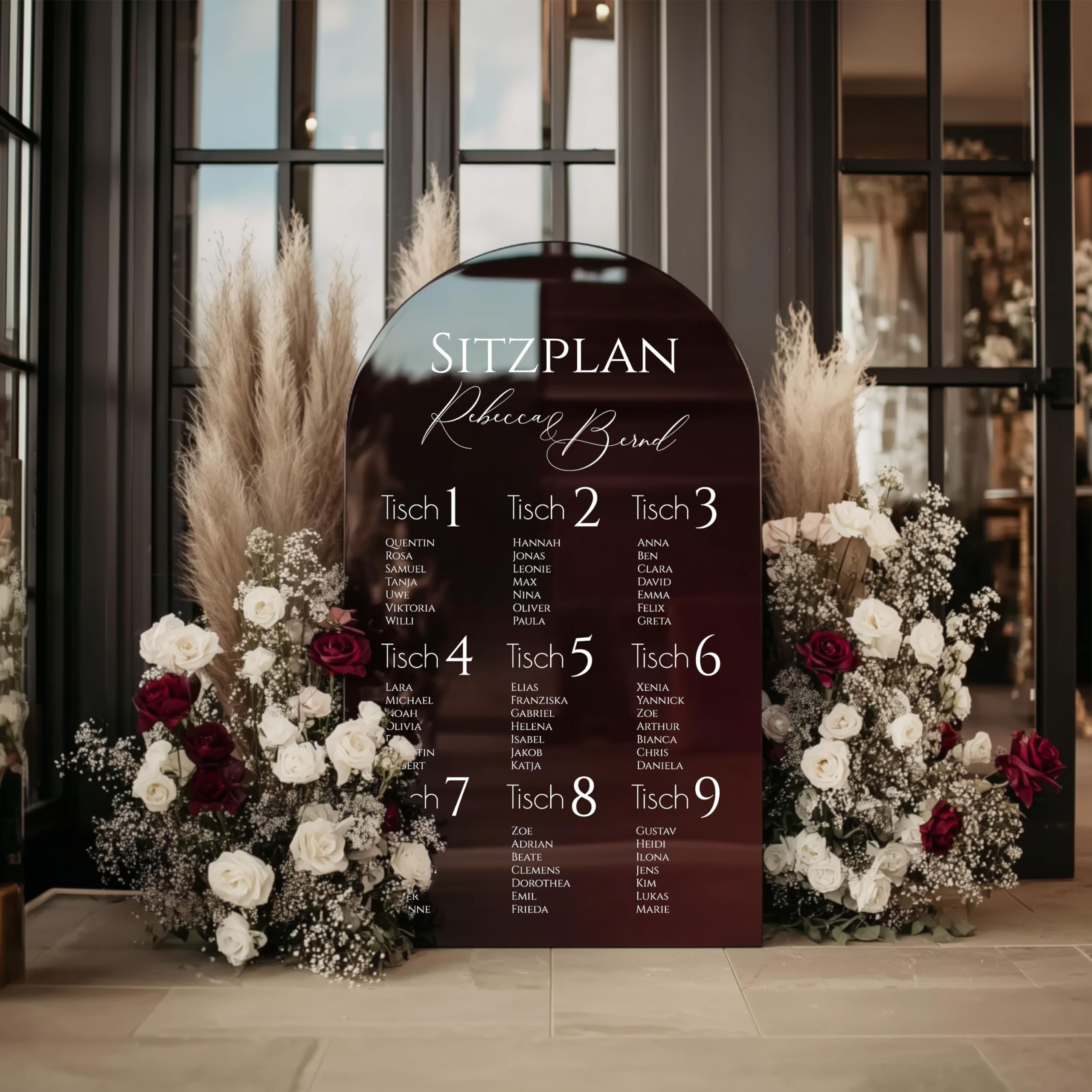 Manschin-Laserdesign Sitzplan Acrylglas Bordeauxrot personalisiert- Made in Germany - Schild für Hochzeit