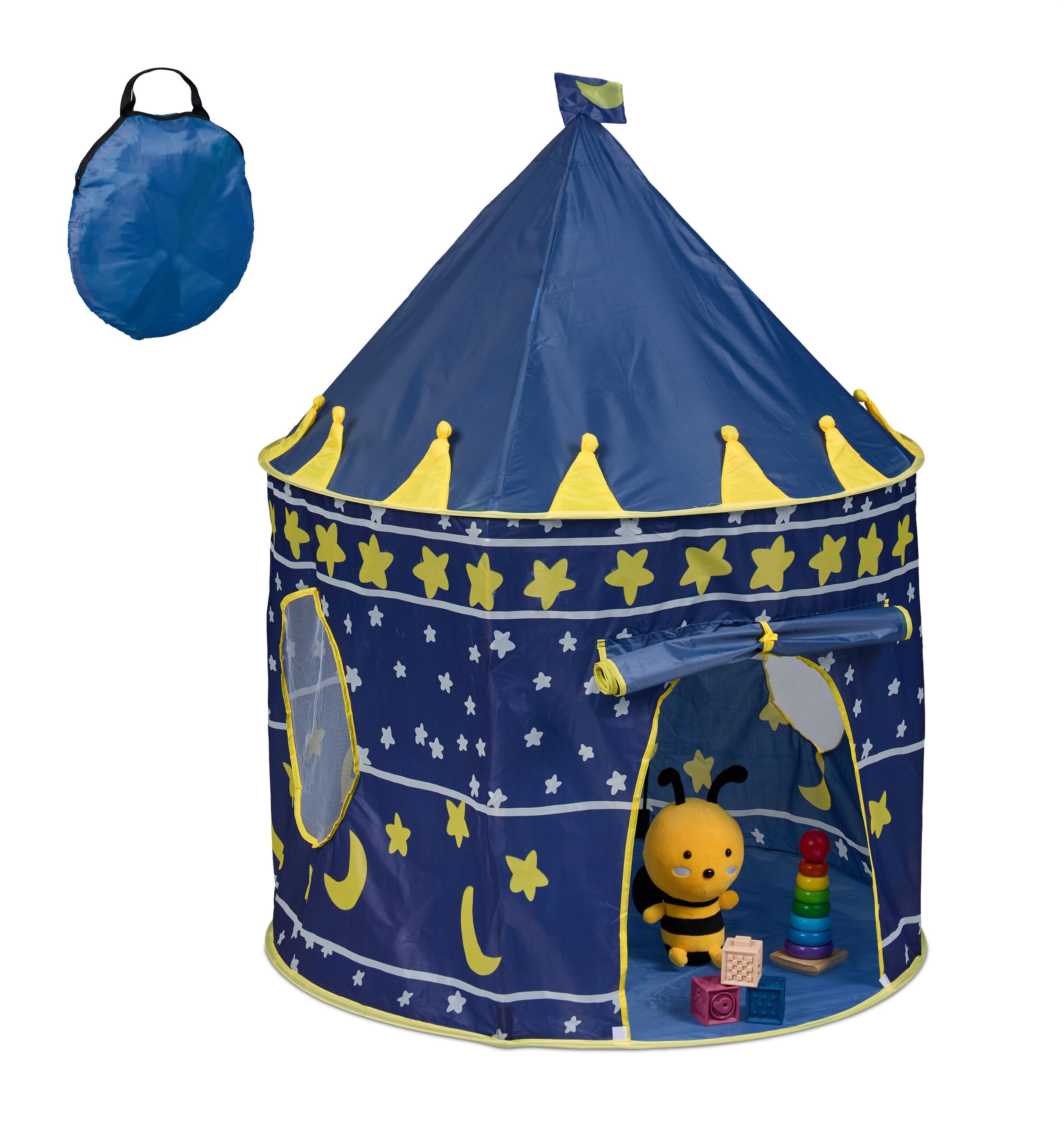 Tente Enfant Relaxdays Étoiles & Lunes – 135×100 Cm – Intérieur/Extérieur – Cabane Jeu Bleu/Jaune