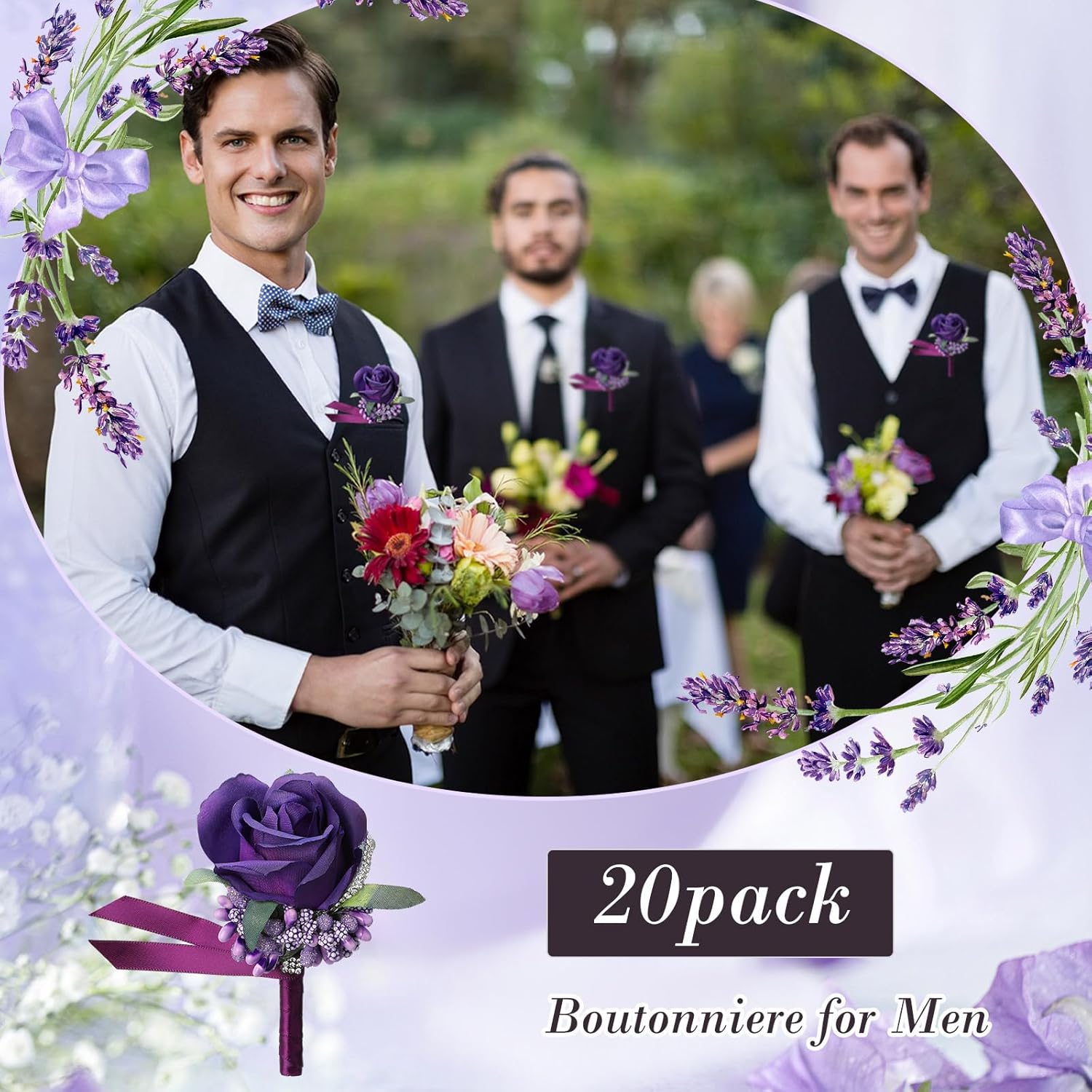 Geosar 20 Pcs Wedding Boutonniere for Men Purple Rose Boutonnieres with Pin Groom Groomsmen Buttonholes Man Suit Corsage for Vintage Wedding Ceremony Anniversary Dinner