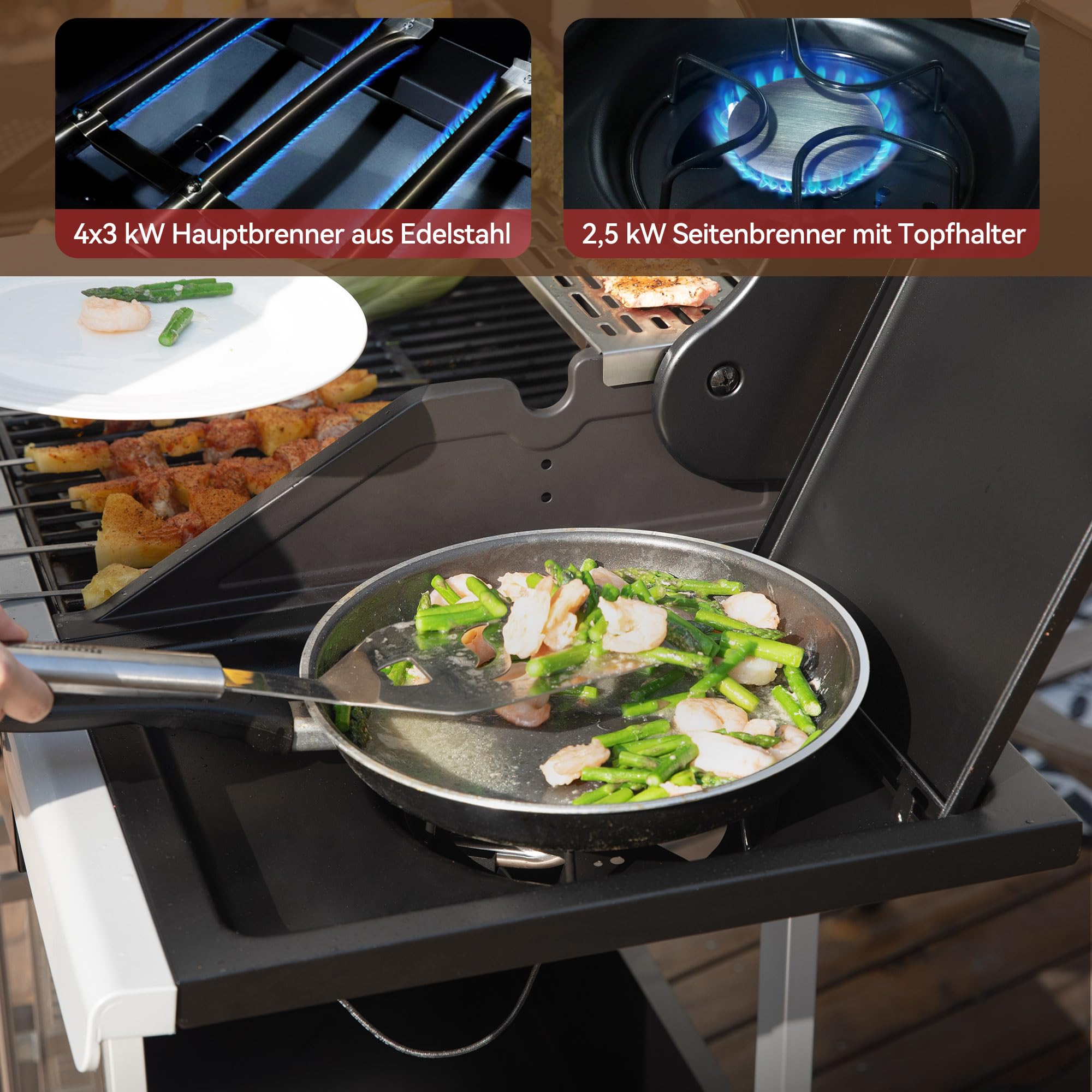 Royal Gourmet 4+1 Brenner Gasgrill Grillwagen mit Unterschrank, Edelstahlbrenner mit 14,5 kW und automatischer Zündung Campinggrill mit Seitenbrenner Silber