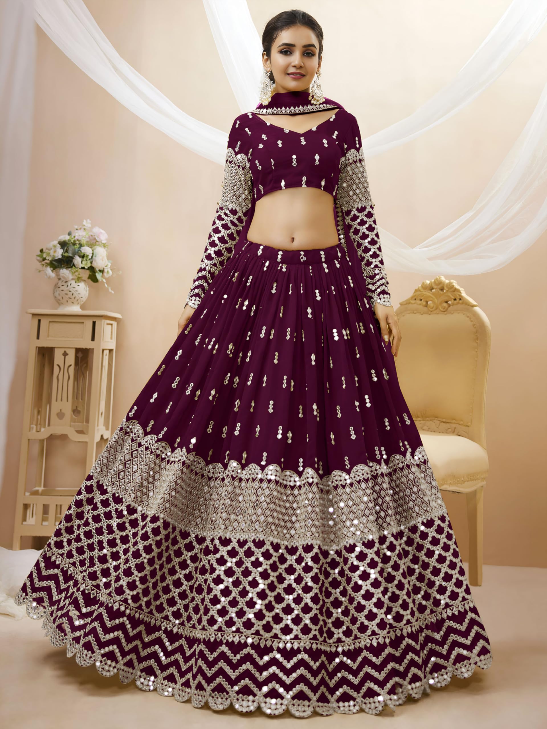 Zeel Clothing Women's Sequins Zari Embroidered Georgette Semi-stitched Lehenga Set For Women (304-Wine-Wedding-Bridal-Latest-New; Free Size) (Wine) 1