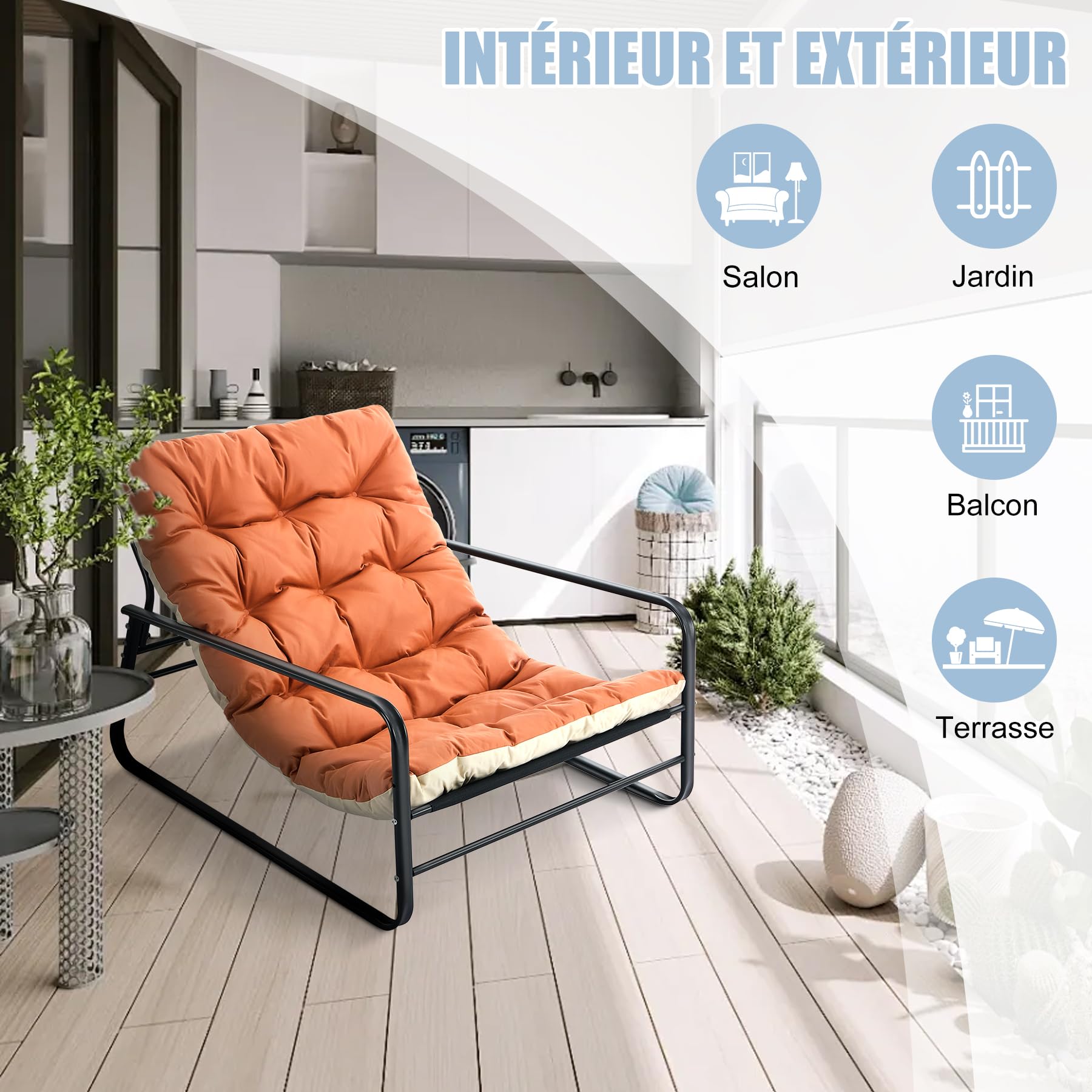 Fauteuil Jardin Exterieur avec Coussin réversible, Imperméable, Anti-Rouille rembourrée en Acier pour 2 Personnes pour Terrasse Salon Balcon- Capacité de Charge maximale de 160 kg, Orange et Beige