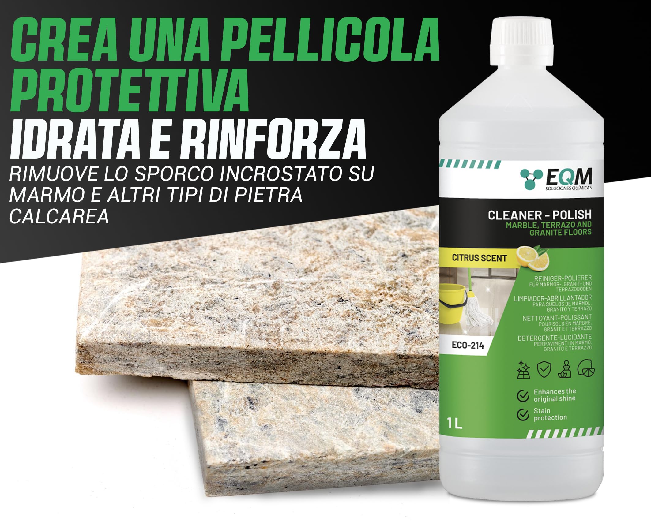 EQM - ECO-214 - Detergente Lucidante per Marmo, Granito e Pietra Naturale - 1L - Esalta il Colore Naturale e la Lucentezza