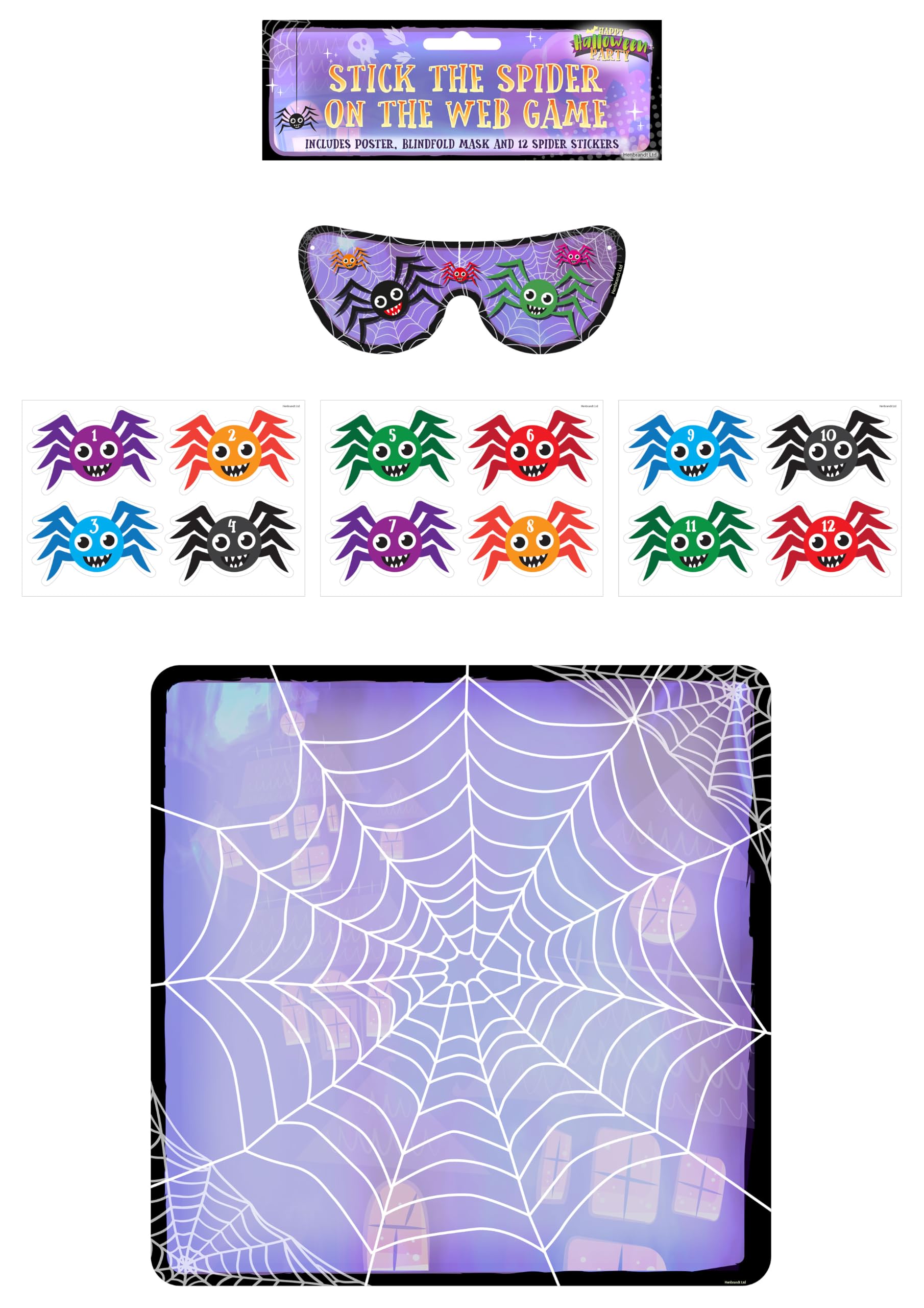 HENBRANDT Stick the Spider on the Web 14 Piece Halloween Party Game for Boys and Girls Unisex Toys Spooky Party Games for Kids Trick or Treat Halloween Activity Game, Purple, 41 x 41 cm (V51 826)