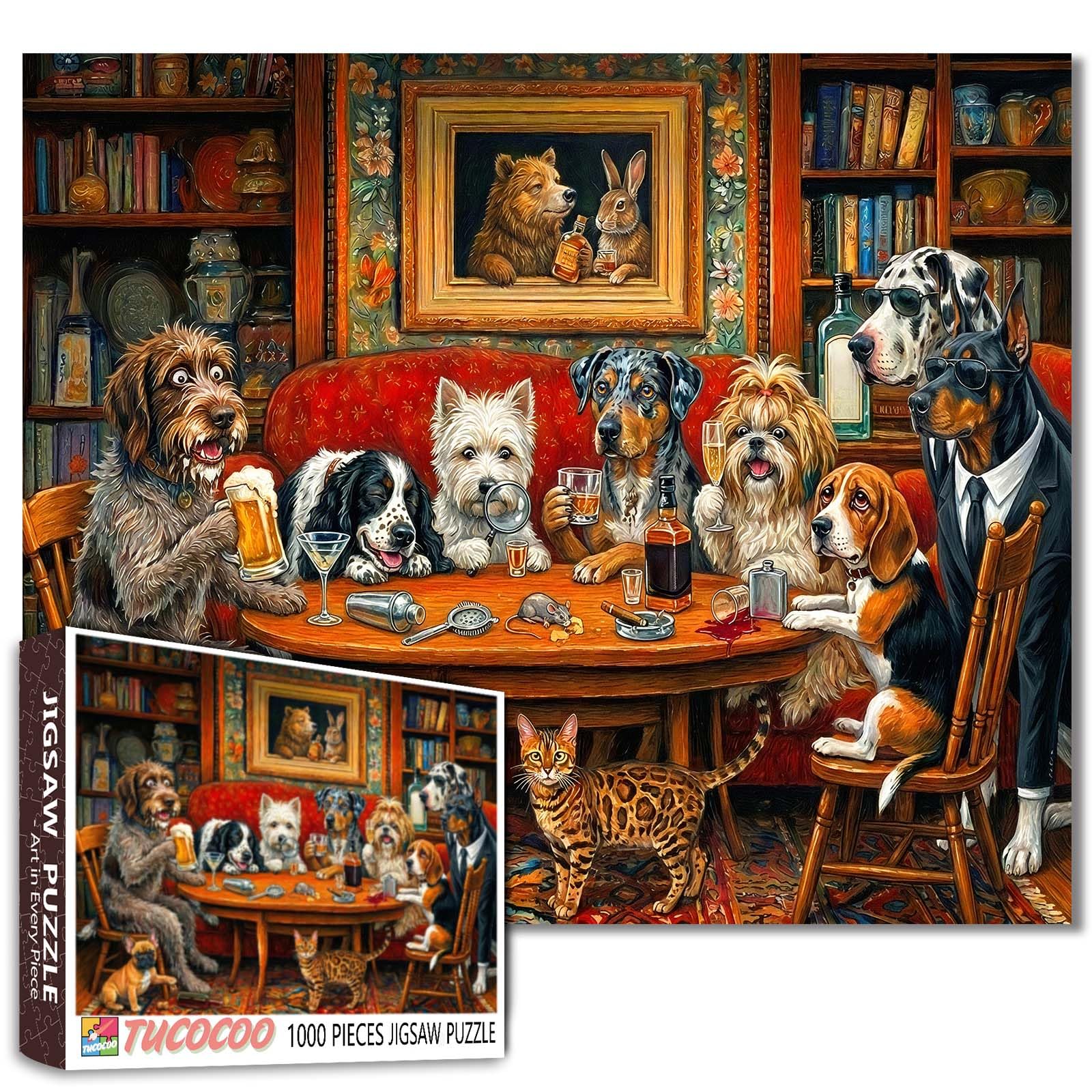 Funny Dog Party Puzzle 1000 Piece for Adults Dogs Drinking at Bar Scene Vintage Puzzles Humorous Animal Jigsaw Puzzle 19.7 x 27.6 Inches Challenging Puzzle Gift for Puppy Lovers Home Wall Decor โ image 1