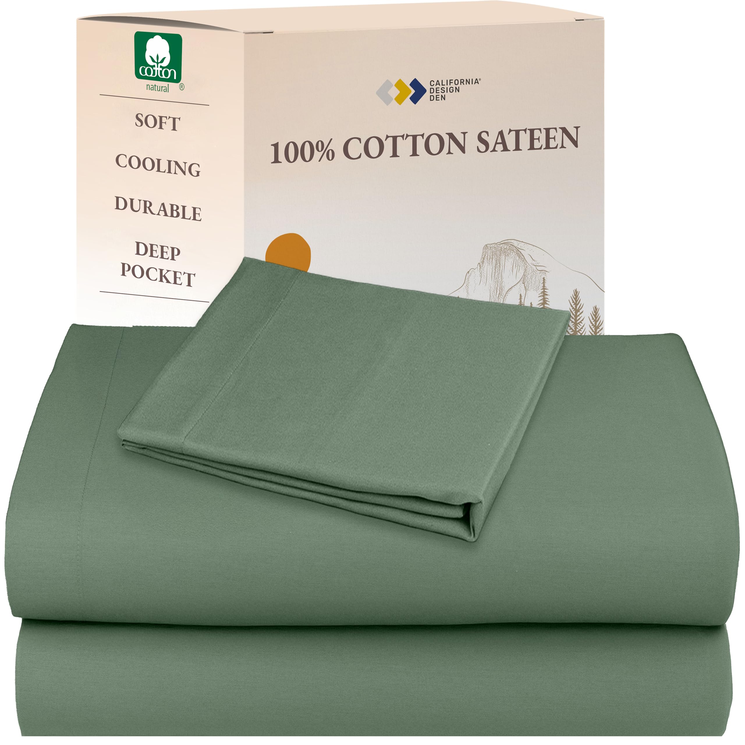 California Design Den XL Twin Sheets Set - Natural 100% Cotton Sheets with Deep Pockets, Soft Sateen Weave, Breathable and Durable Bedding Set for Dorm Rooms, College (Sage Green - Dark)