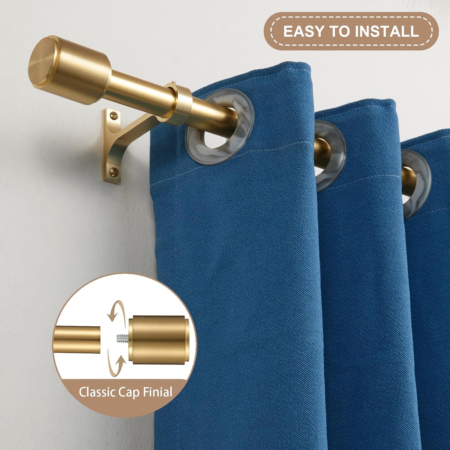2 Pack Curtain Rods for Window 36 to 72 Inch, Adjustable 1-Inch Thicken Window Curtain Rod, Decorative Drapery Rods with Cap Finials and Aluminum Alloy Brackets, Warm Gold