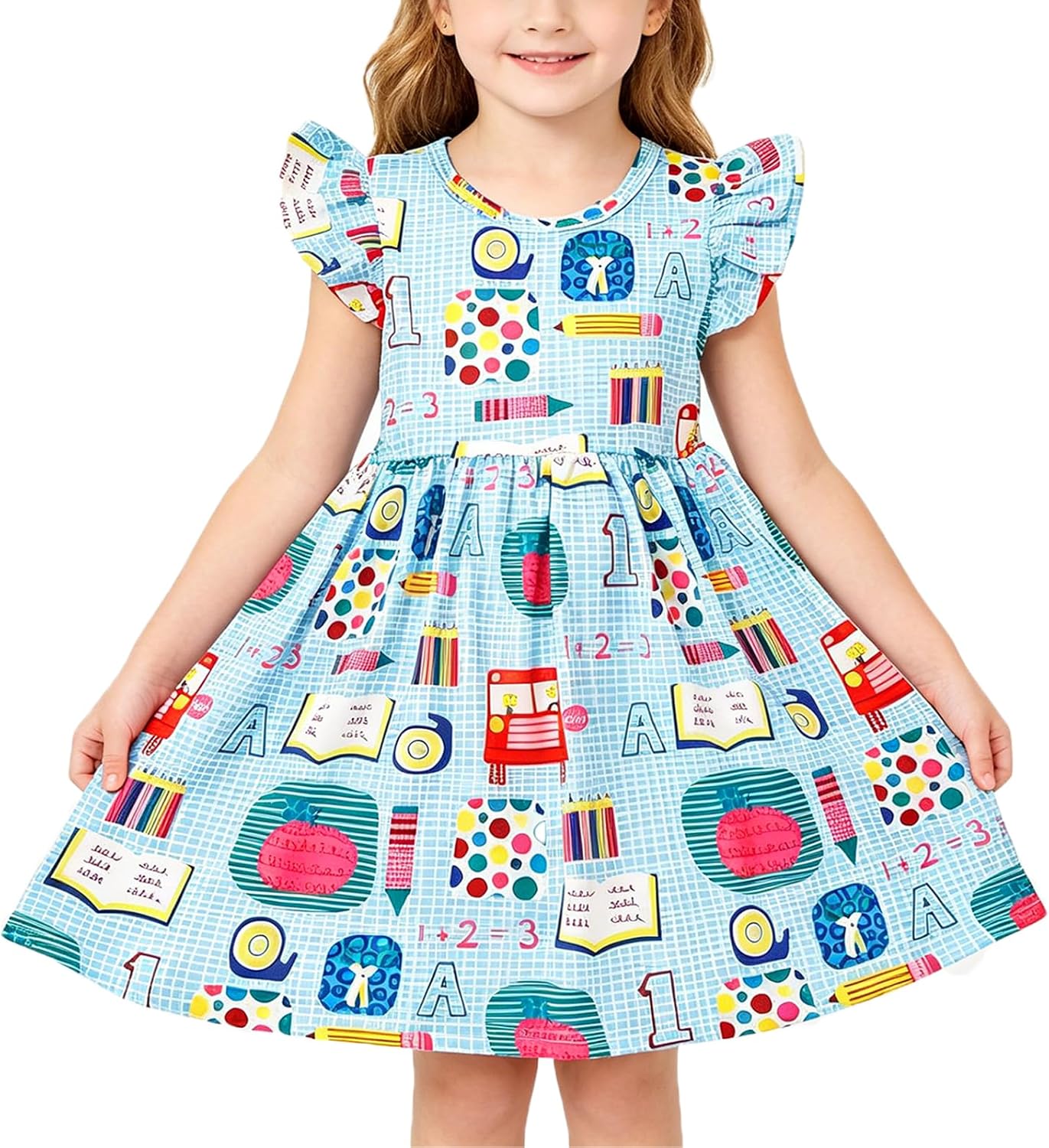 Toddler Girl Dress Back to School Pencil School Bus Print Dress Summer Outfits 3-8T